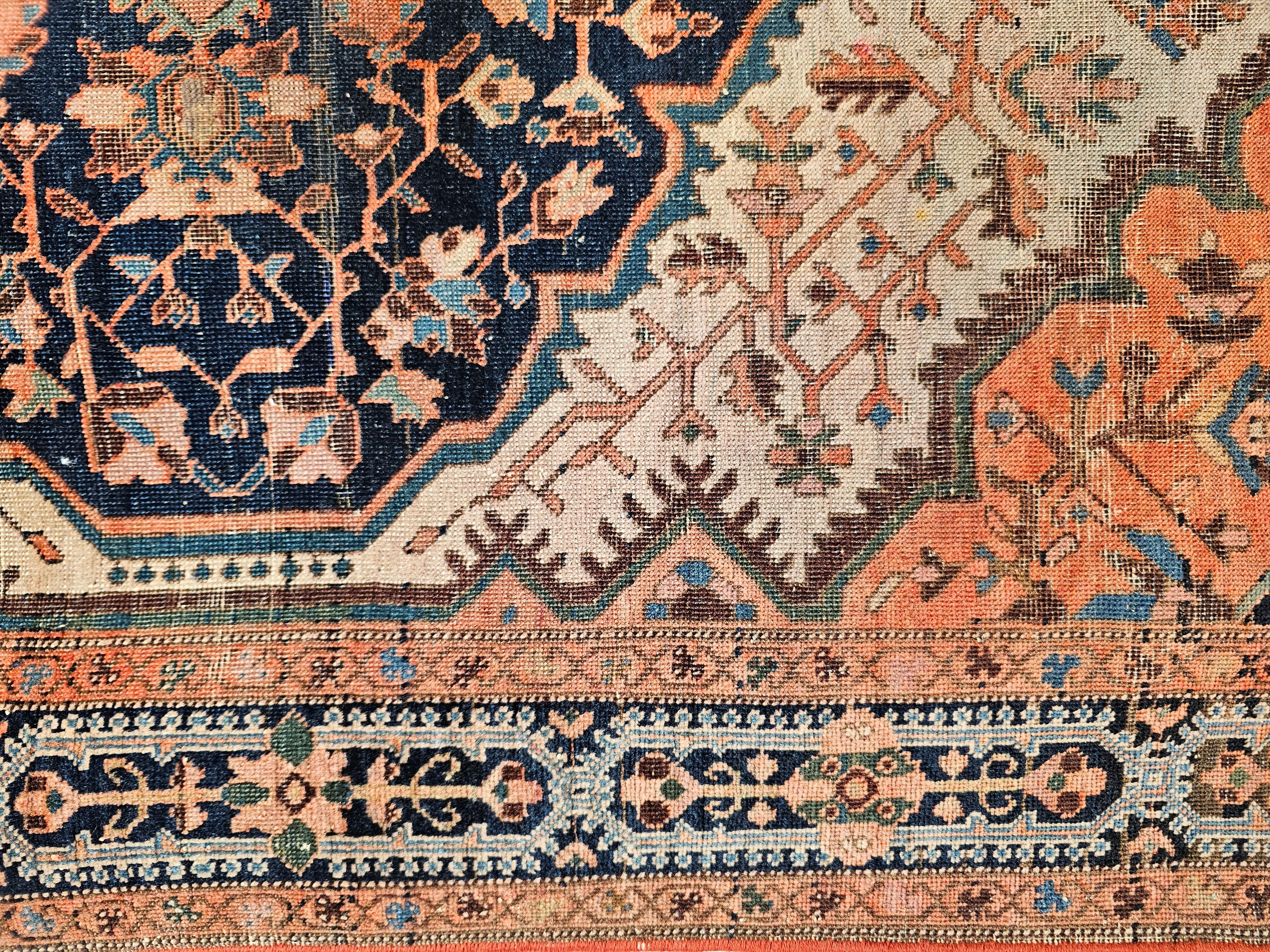 Wool 19th Century Persian Farahan Sarouk in Floral Pattern in Navy Blue, Terracotta For Sale