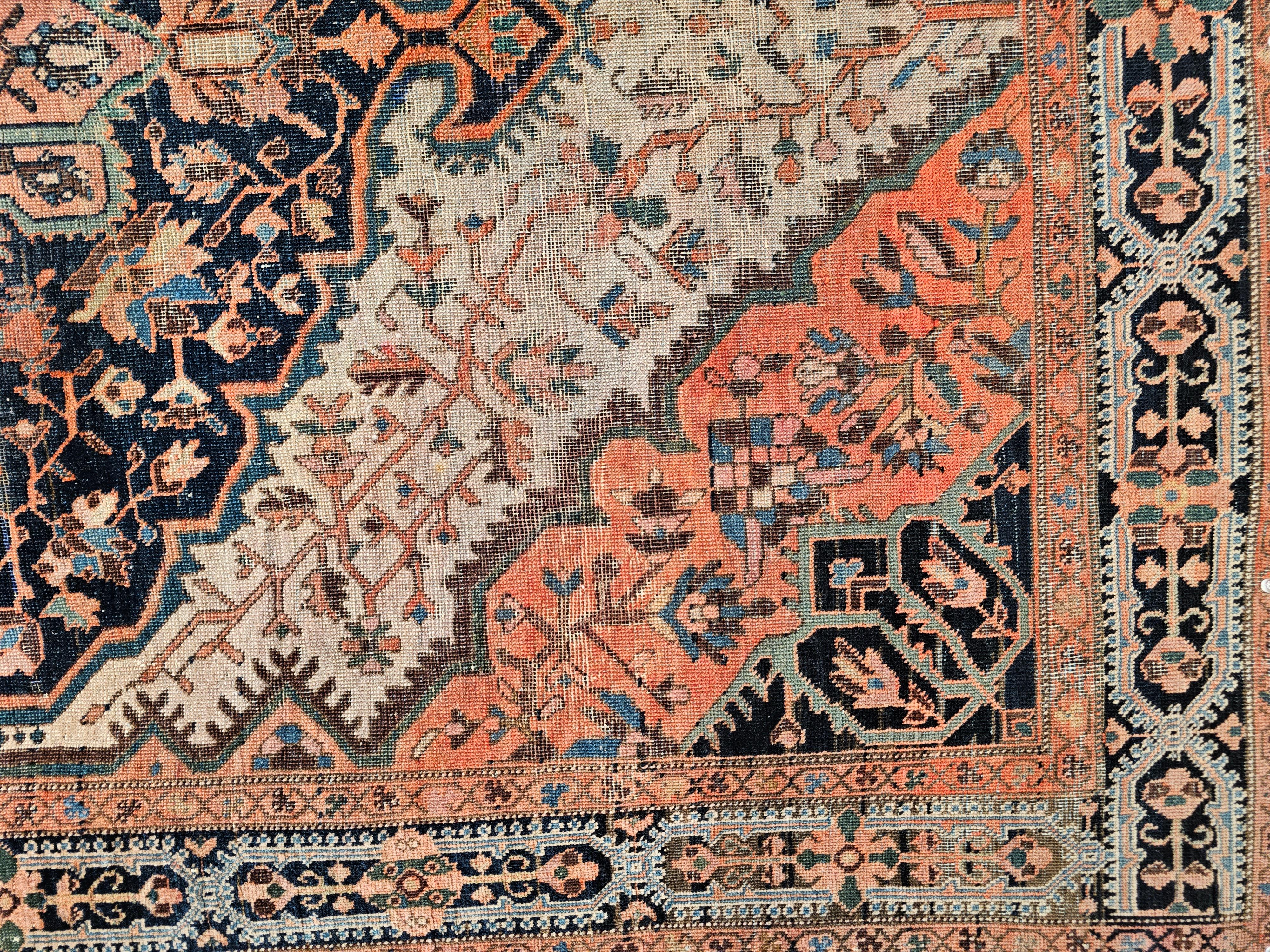 19th Century Persian Farahan Sarouk in Floral Pattern in Navy Blue, Terracotta For Sale 1