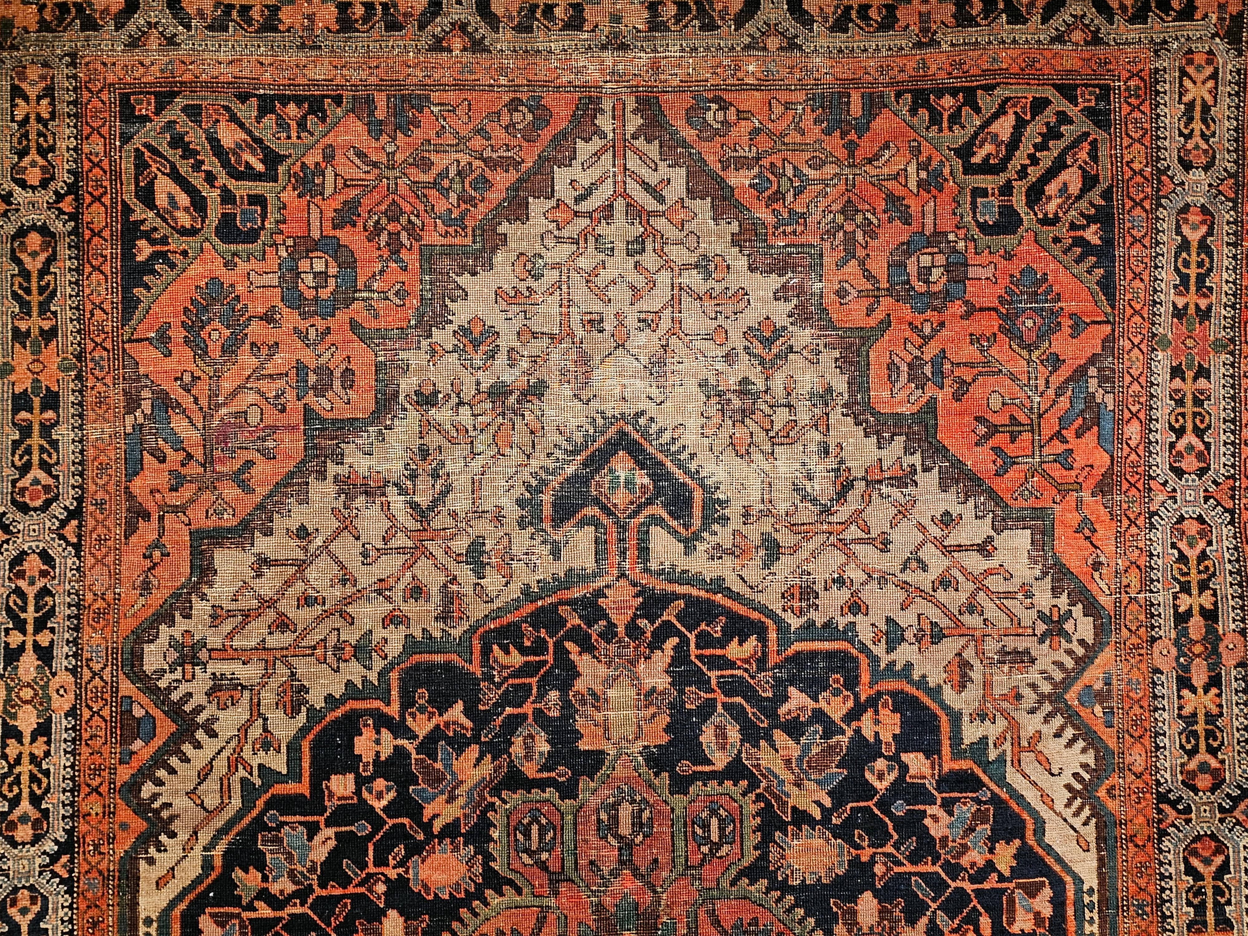 19th Century Persian Farahan Sarouk in Floral Pattern in Navy Blue, Terracotta For Sale 2