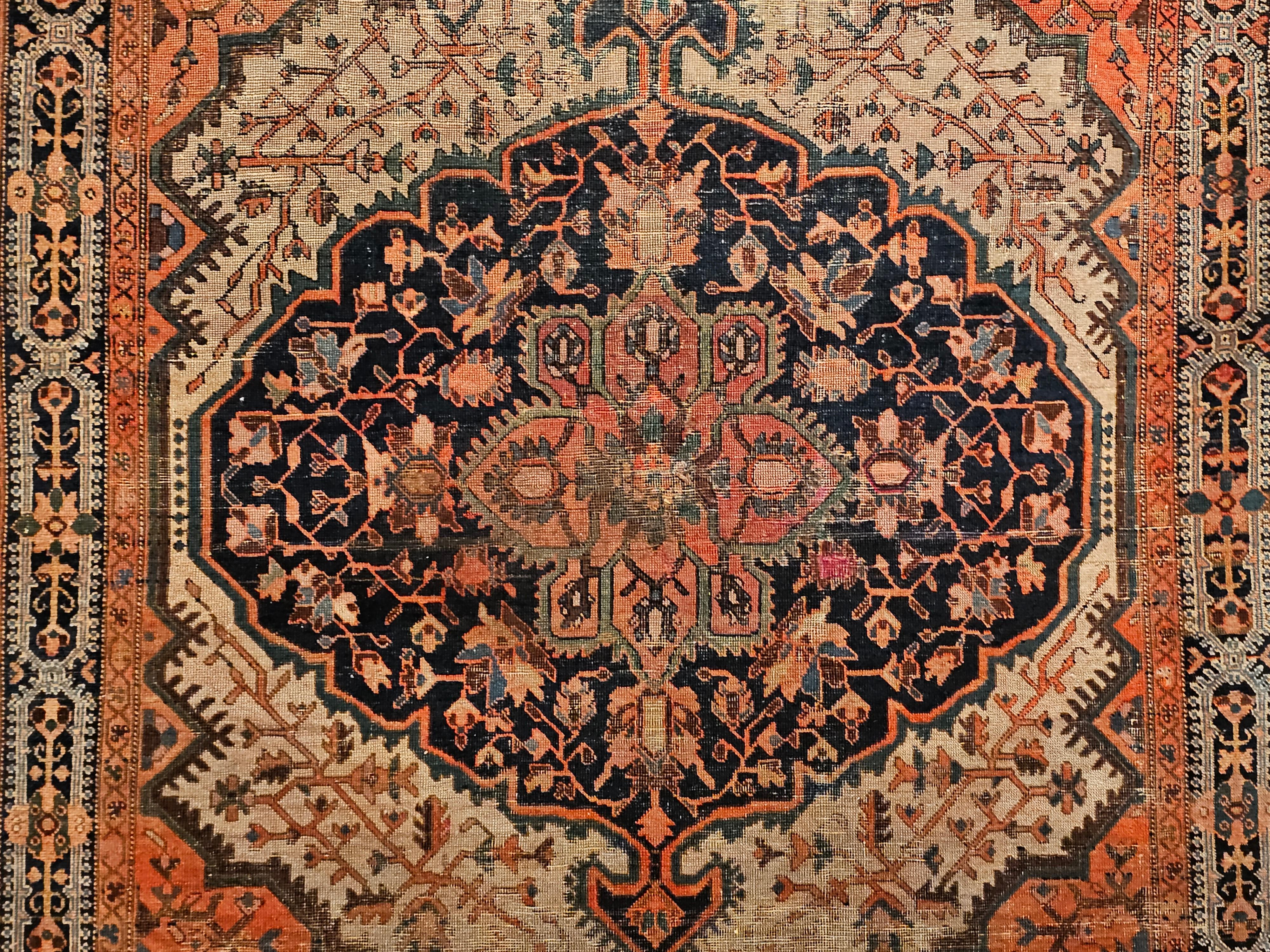 19th Century Persian Farahan Sarouk in Floral Pattern in Navy Blue, Terracotta For Sale 3