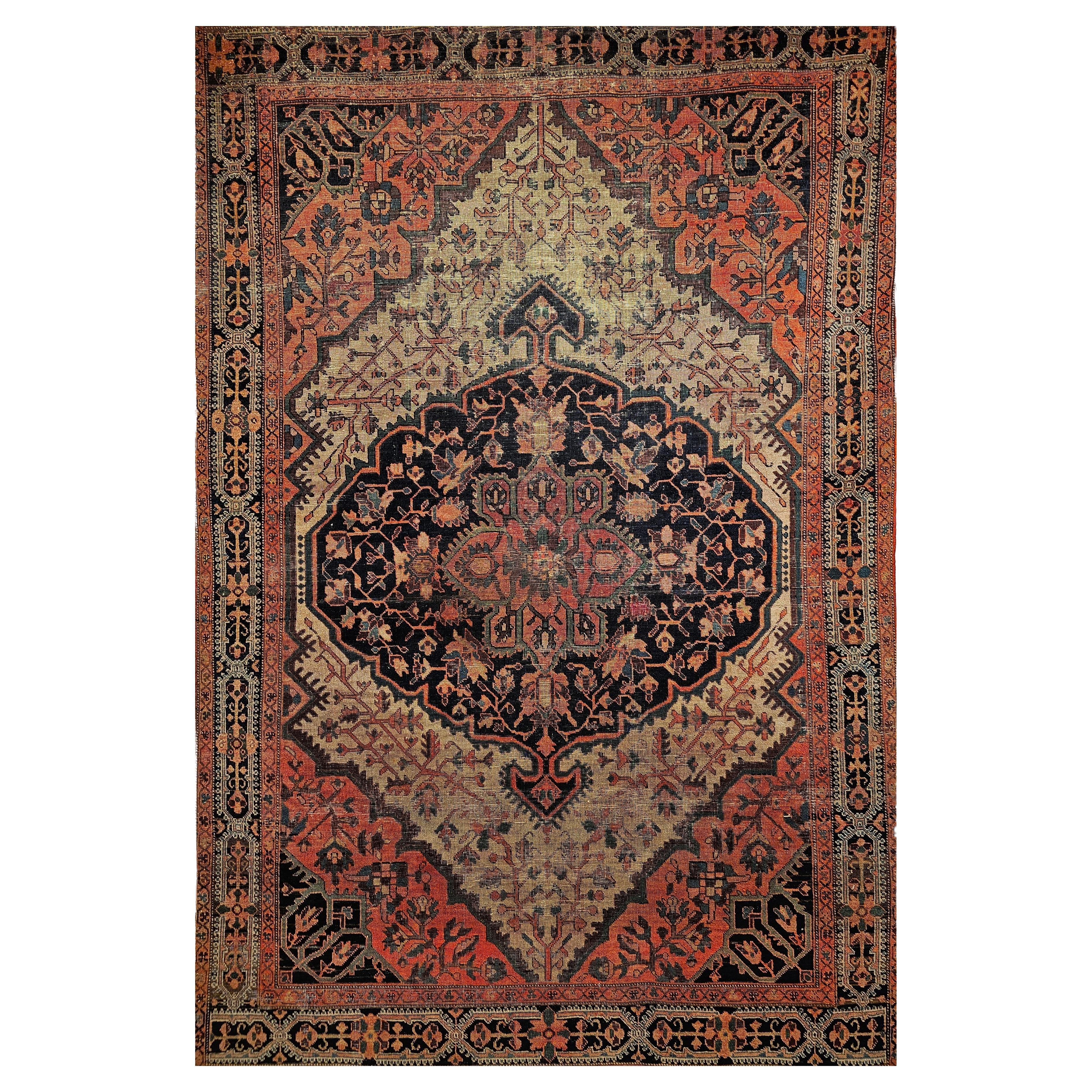 19th Century Persian Farahan Sarouk in Floral Pattern in Navy Blue, Terracotta For Sale