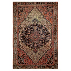 19th Century Persian Farahan Sarouk in Floral Pattern in Navy Blue, Terracotta