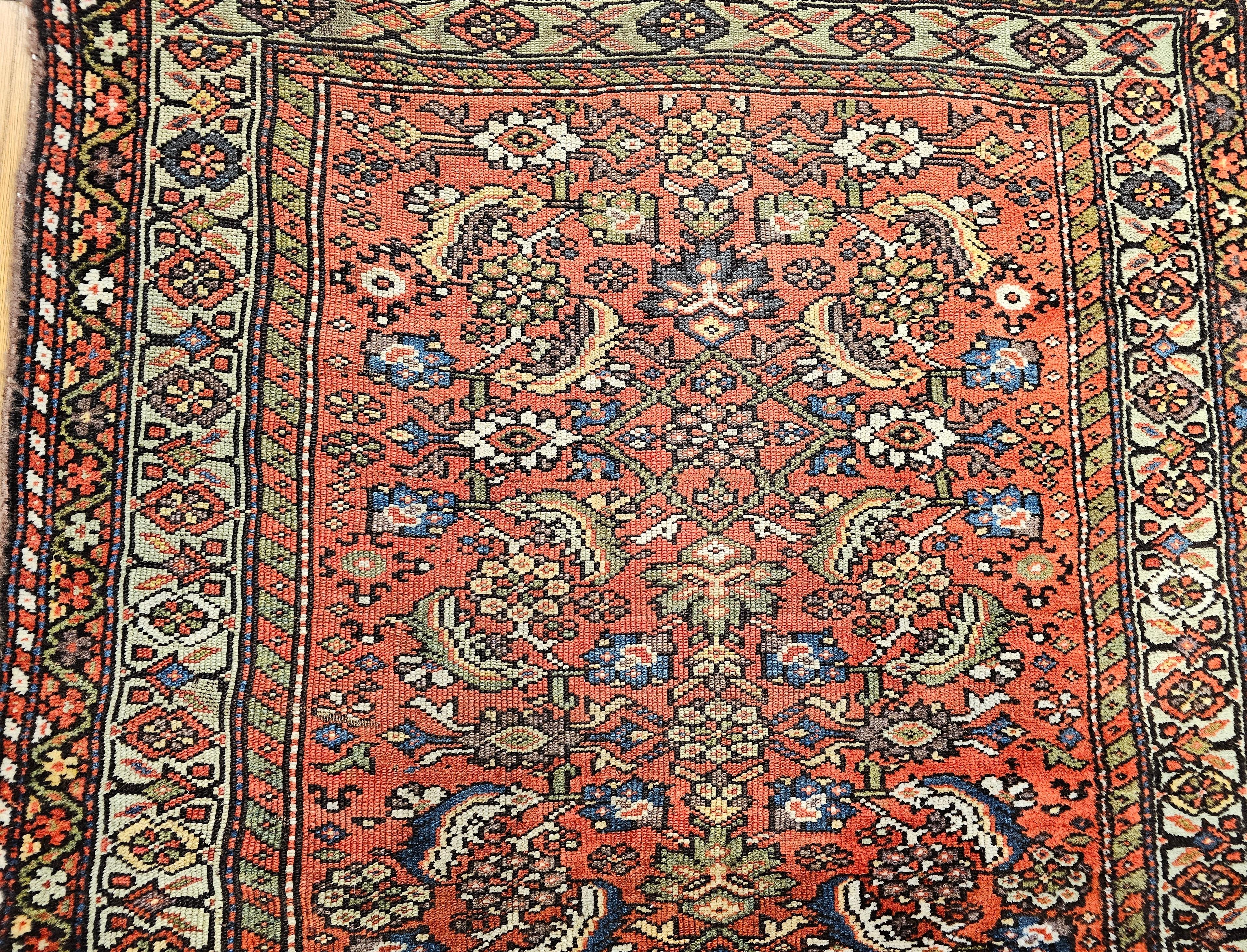 Vegetable Dyed 19th Century Persian Farahan Wide Runner in Allover Pattern in Red, Green, Blue For Sale
