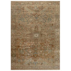 19th Century Persian Heriz Brown, Soft Blue and Cream Handwoven Wool Rug