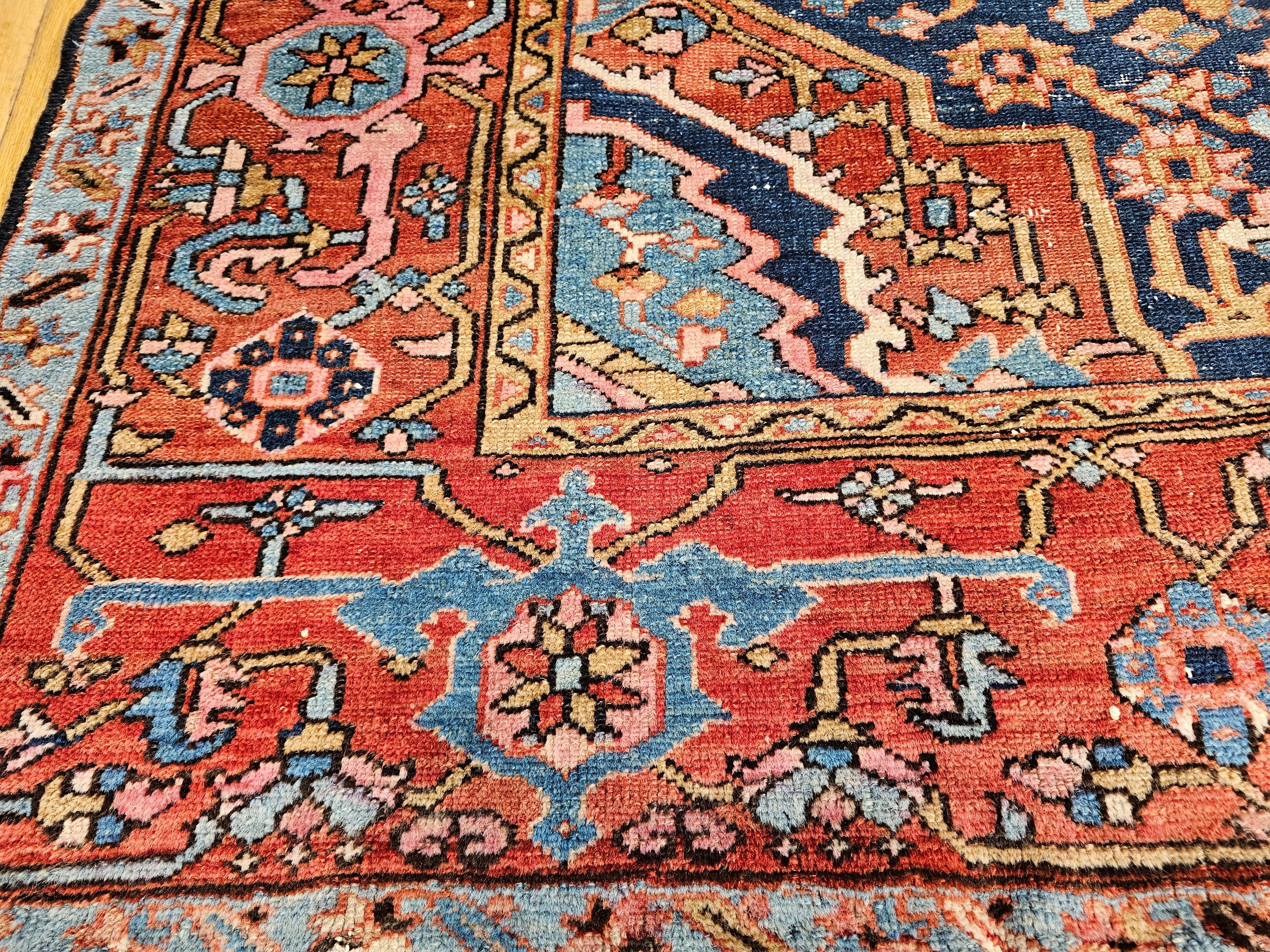 19th Century Persian Heriz Serapi Rug in Allover Pattern in Blue, Pink, Green For Sale 5