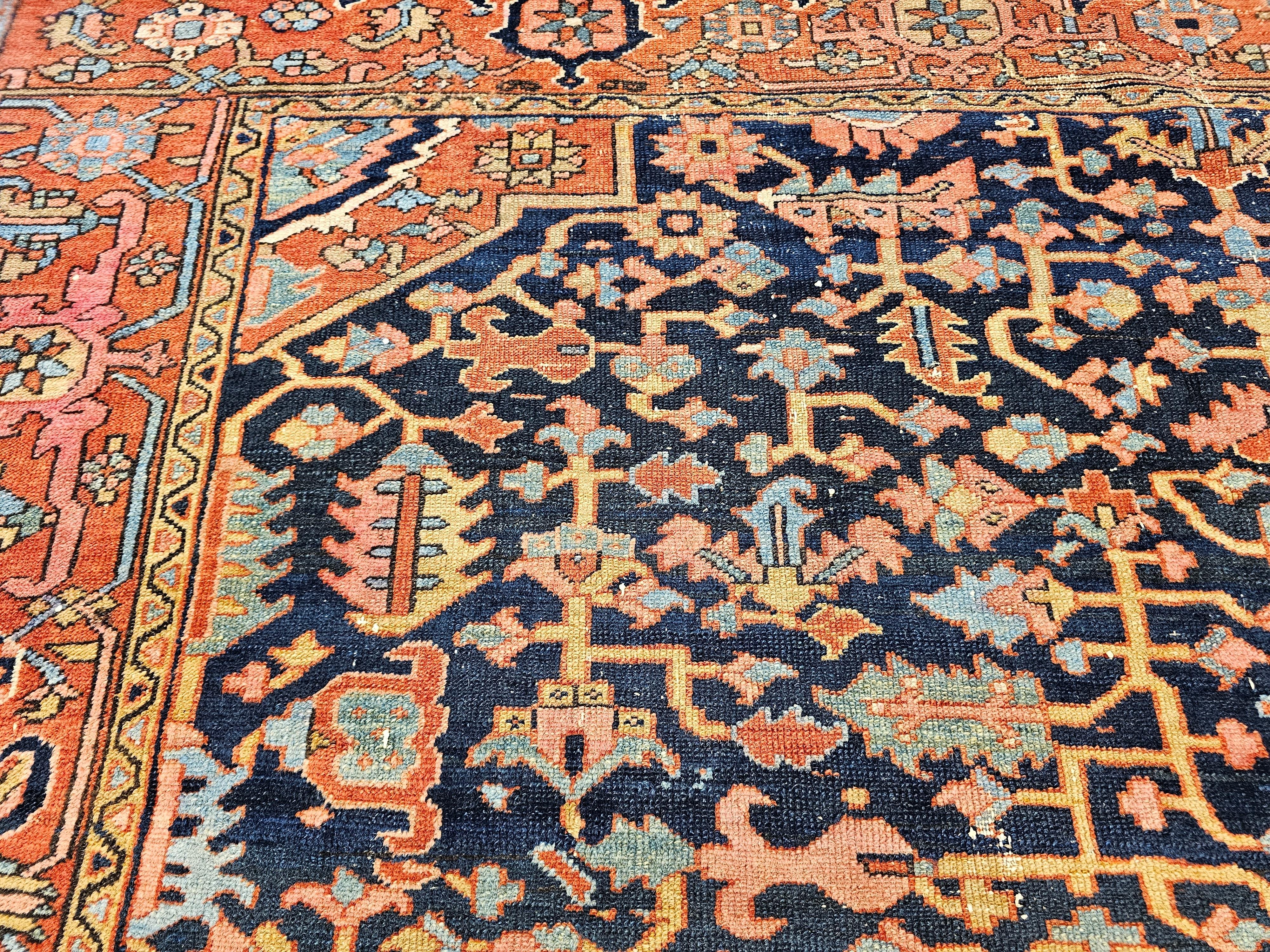19th Century Persian Heriz Serapi Rug in Allover Pattern in Blue, Pink, Green For Sale 6