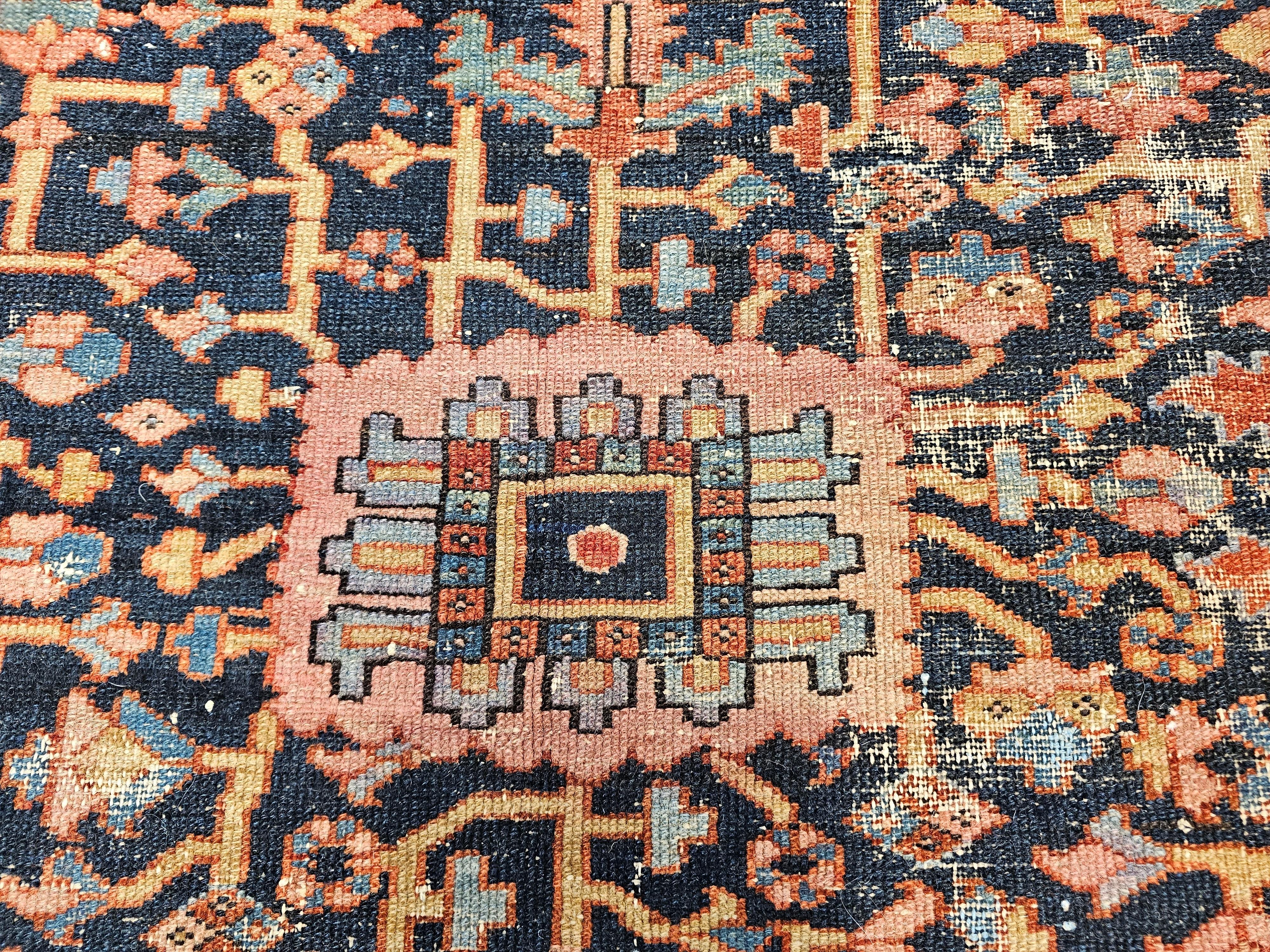 19th Century Persian Heriz Serapi Rug in Allover Pattern in Blue, Pink, Green For Sale 7