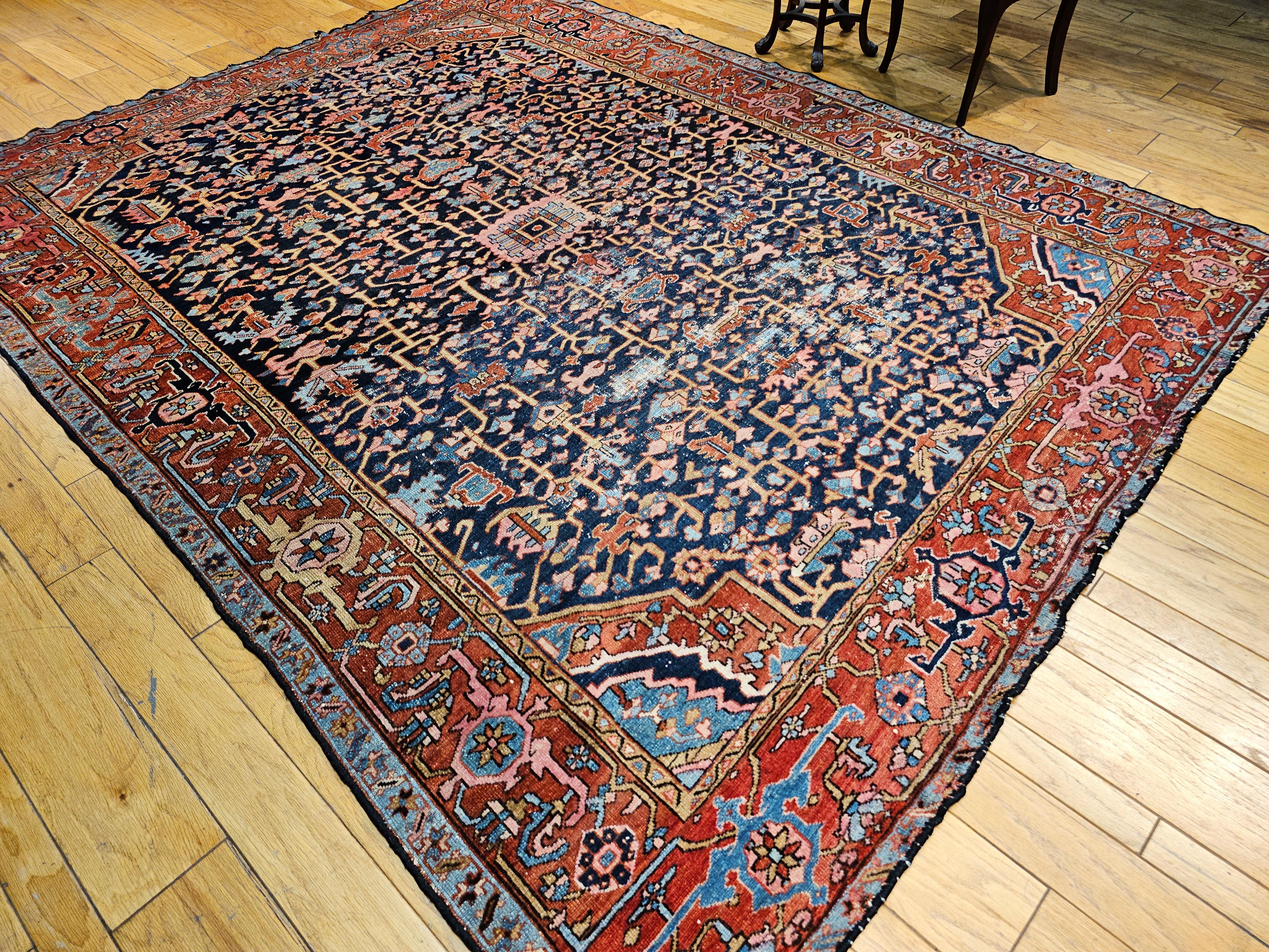 19th Century Persian Heriz Serapi Rug in Allover Pattern in Blue, Pink, Green For Sale 9