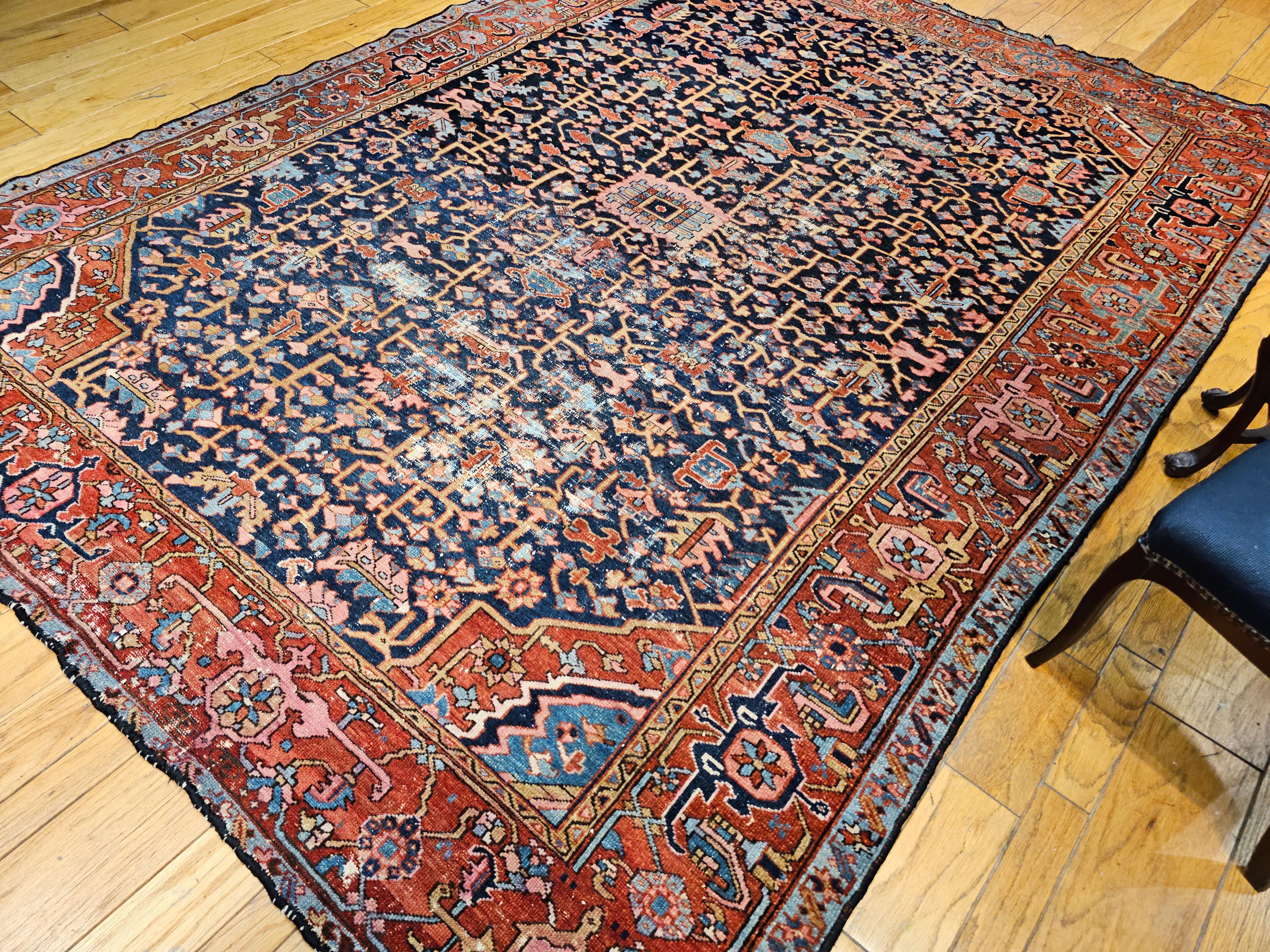 19th Century Persian Heriz Serapi Rug in Allover Pattern in Blue, Pink, Green For Sale 10