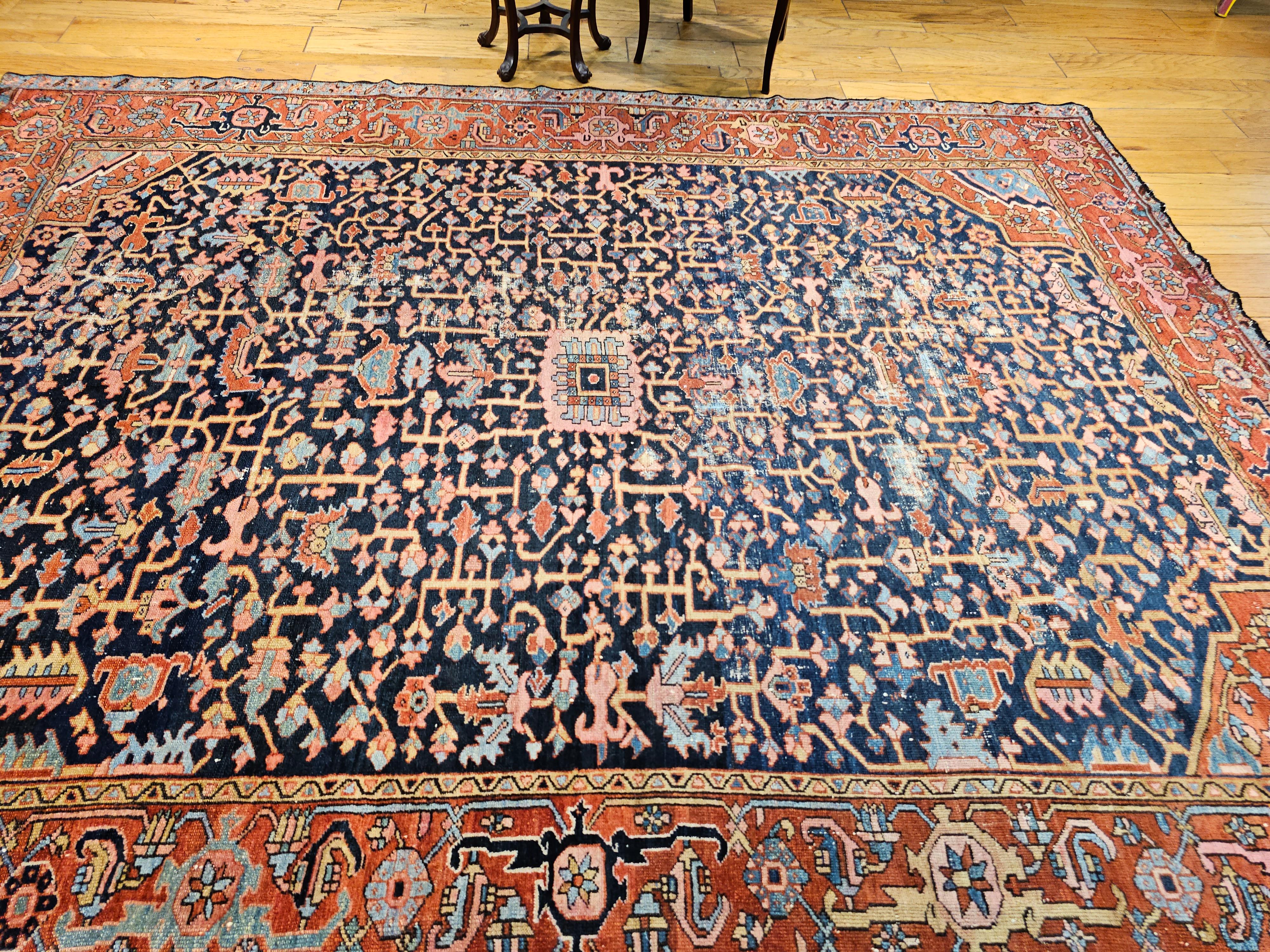 19th Century Persian Heriz Serapi Rug in Allover Pattern in Blue, Pink, Green For Sale 11