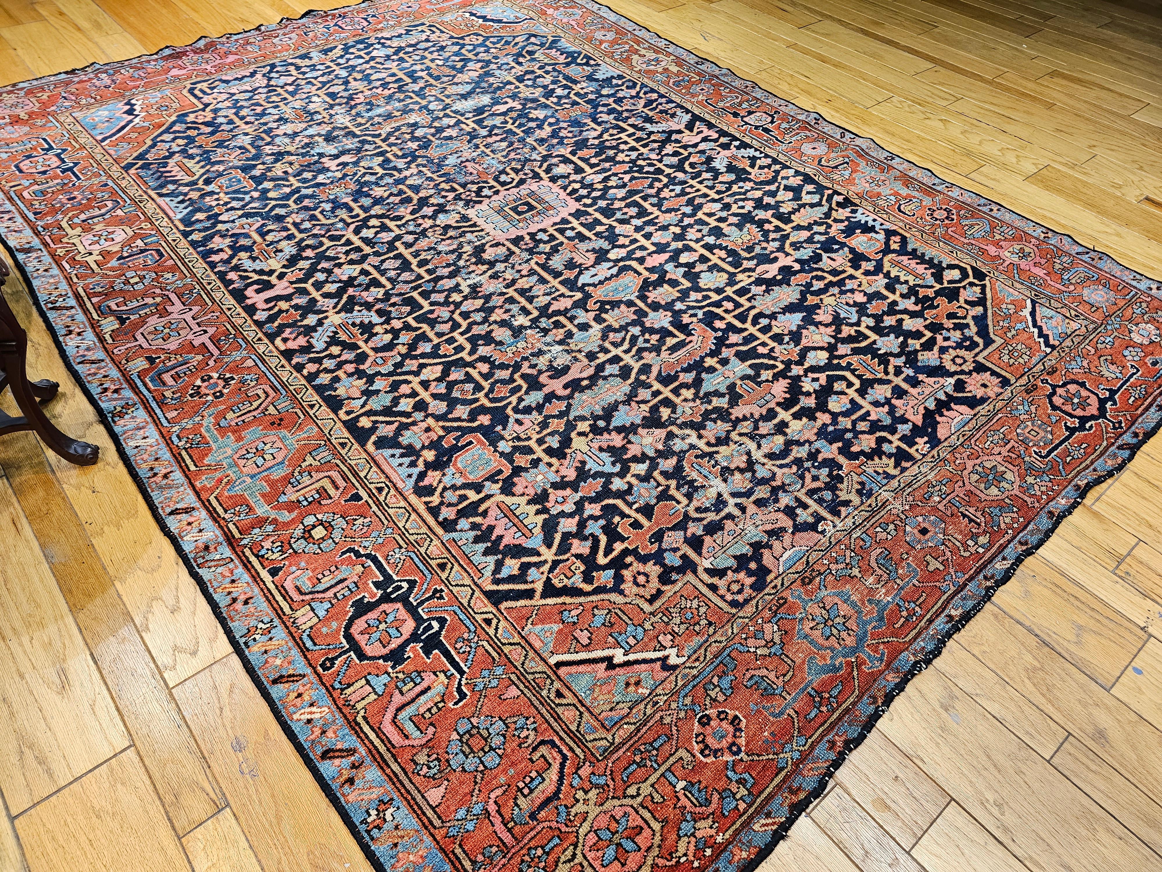 19th Century Persian Heriz Serapi Rug in Allover Pattern in Blue, Pink, Green For Sale 12