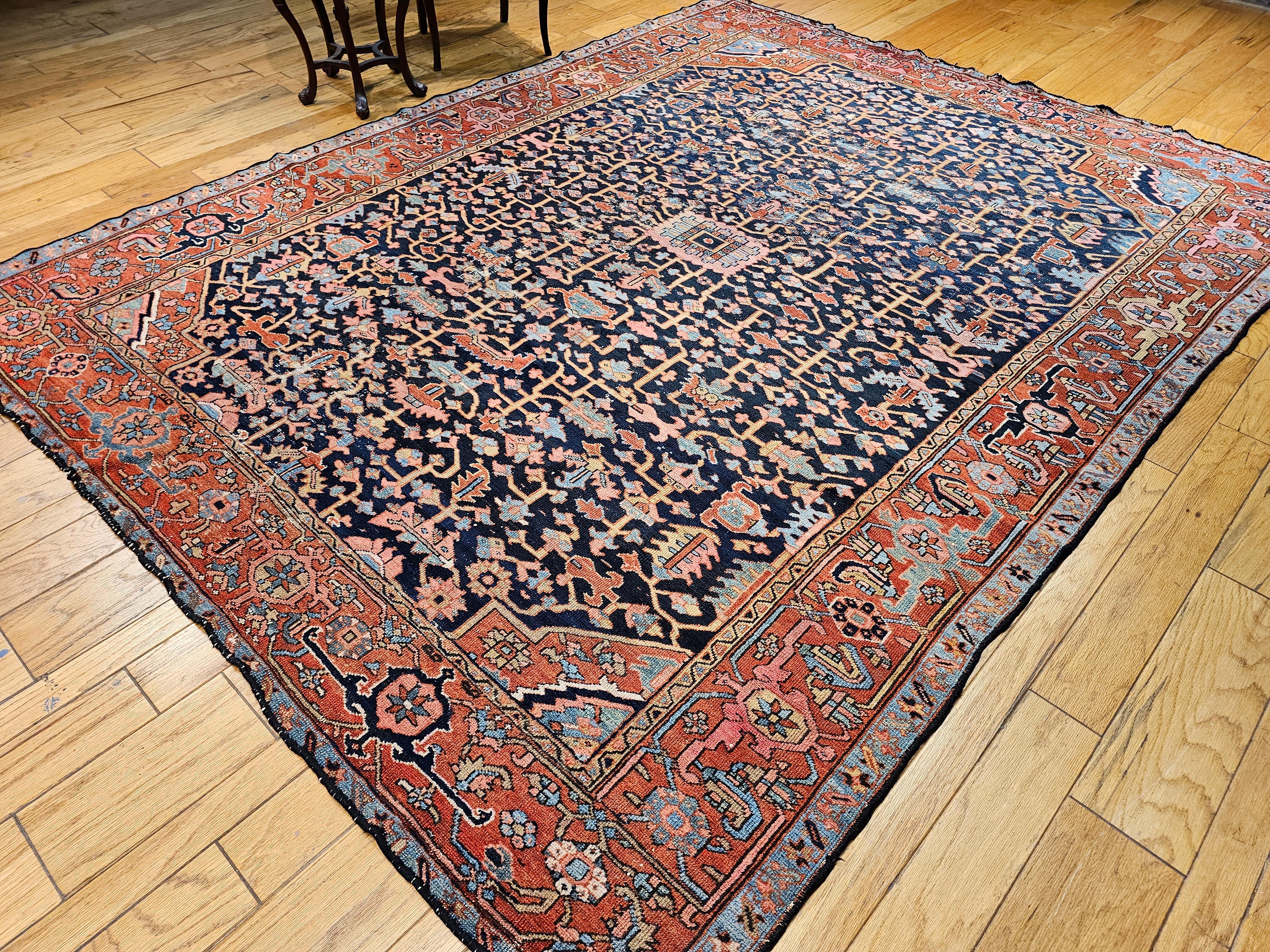 19th Century Persian Heriz Serapi Rug in Allover Pattern in Blue, Pink, Green For Sale 13