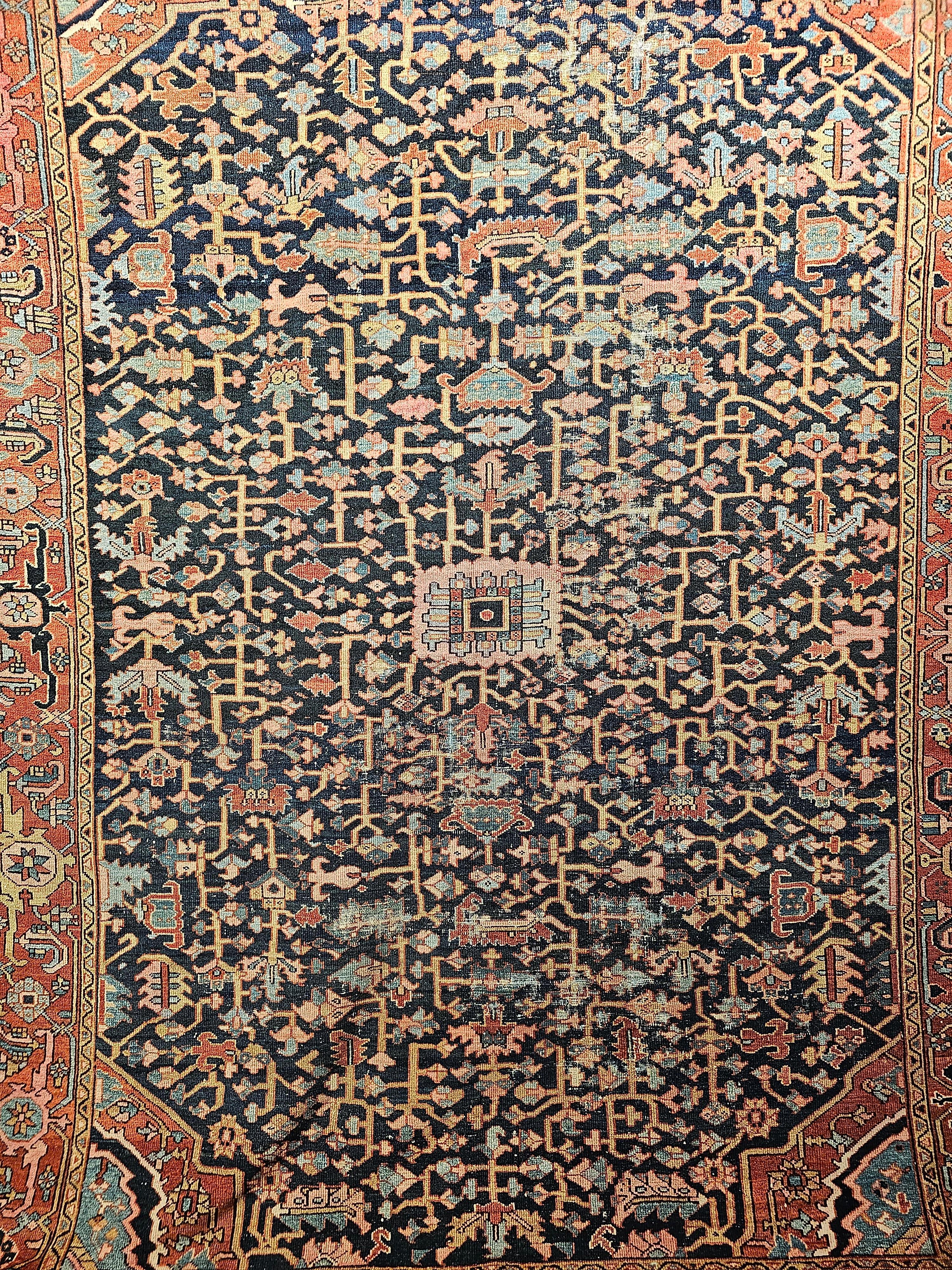 Vegetable Dyed 19th Century Persian Heriz Serapi Rug in Allover Pattern in Blue, Pink, Green For Sale