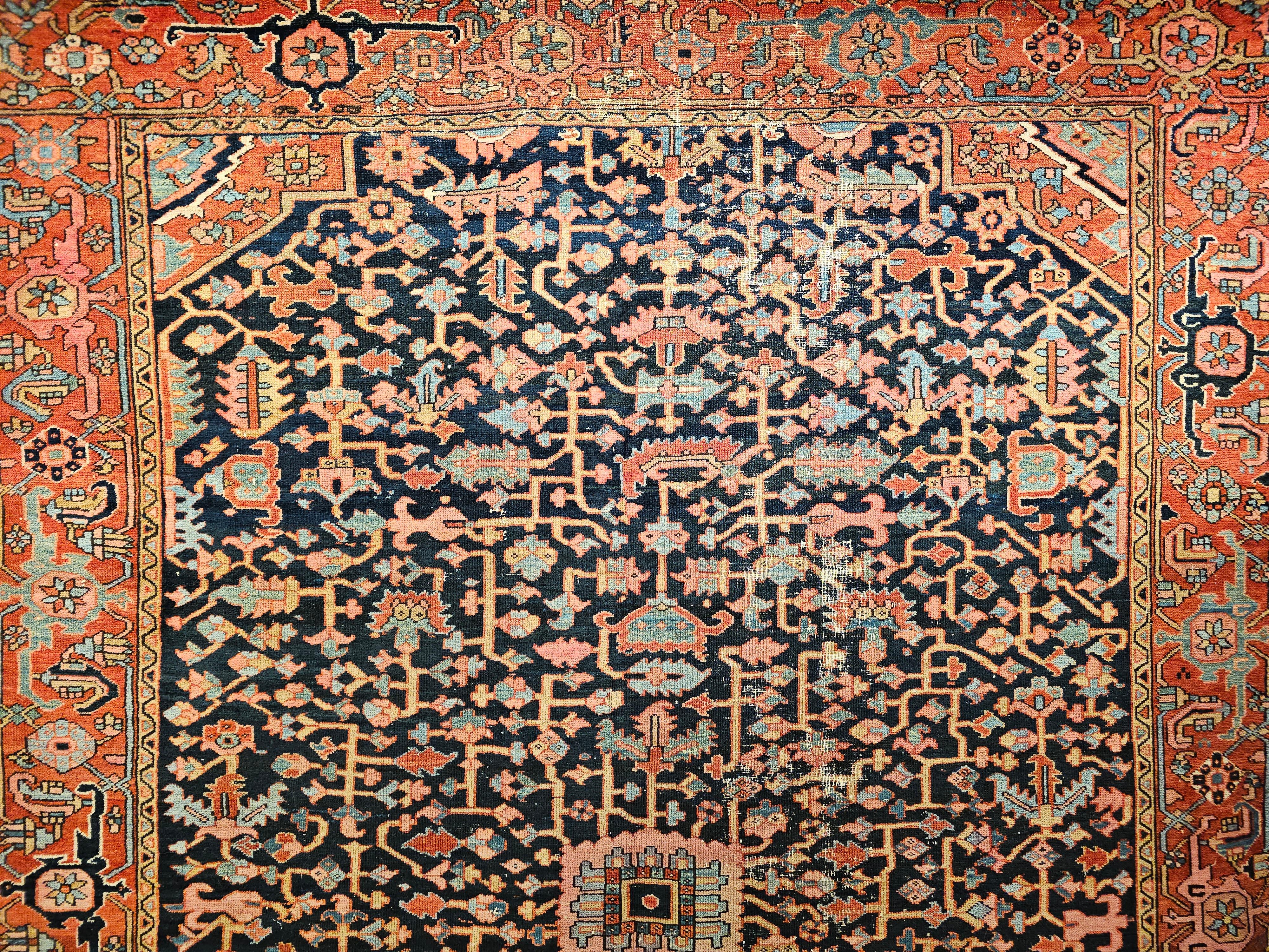 19th Century Persian Heriz Serapi Rug in Allover Pattern in Blue, Pink, Green For Sale 1