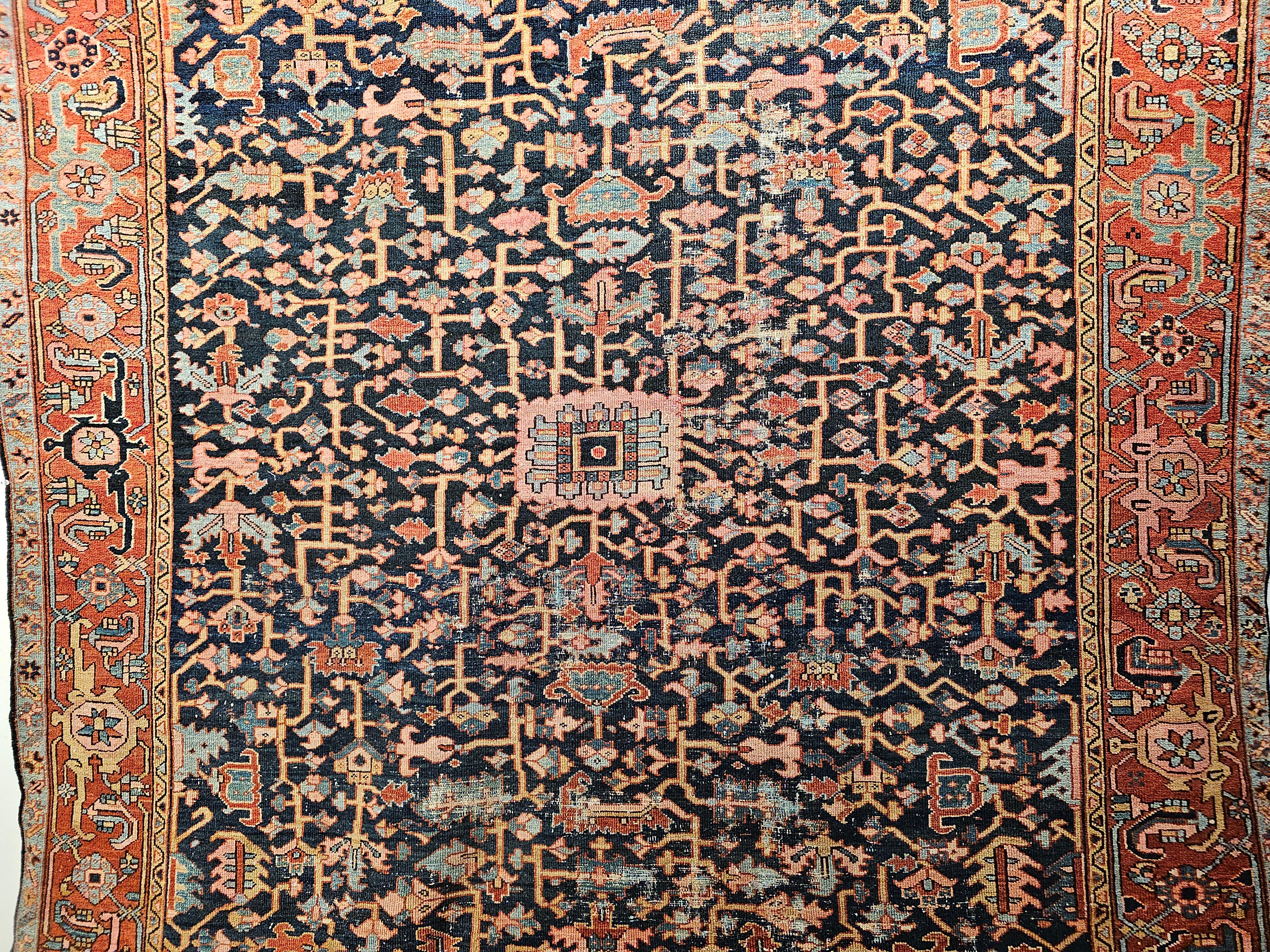 19th Century Persian Heriz Serapi Rug in Allover Pattern in Blue, Pink, Green For Sale 2