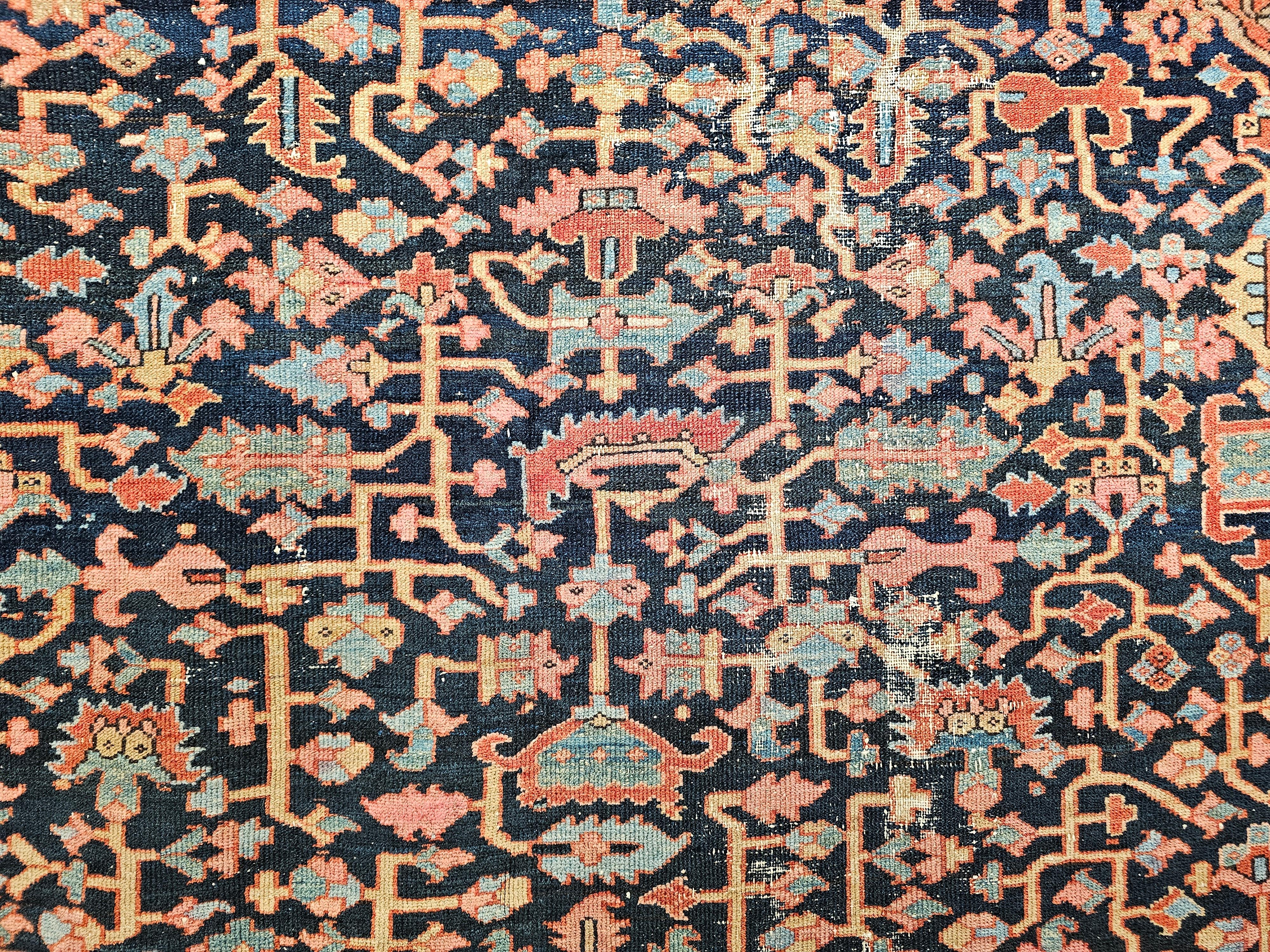 19th Century Persian Heriz Serapi Rug in Allover Pattern in Blue, Pink, Green For Sale 4