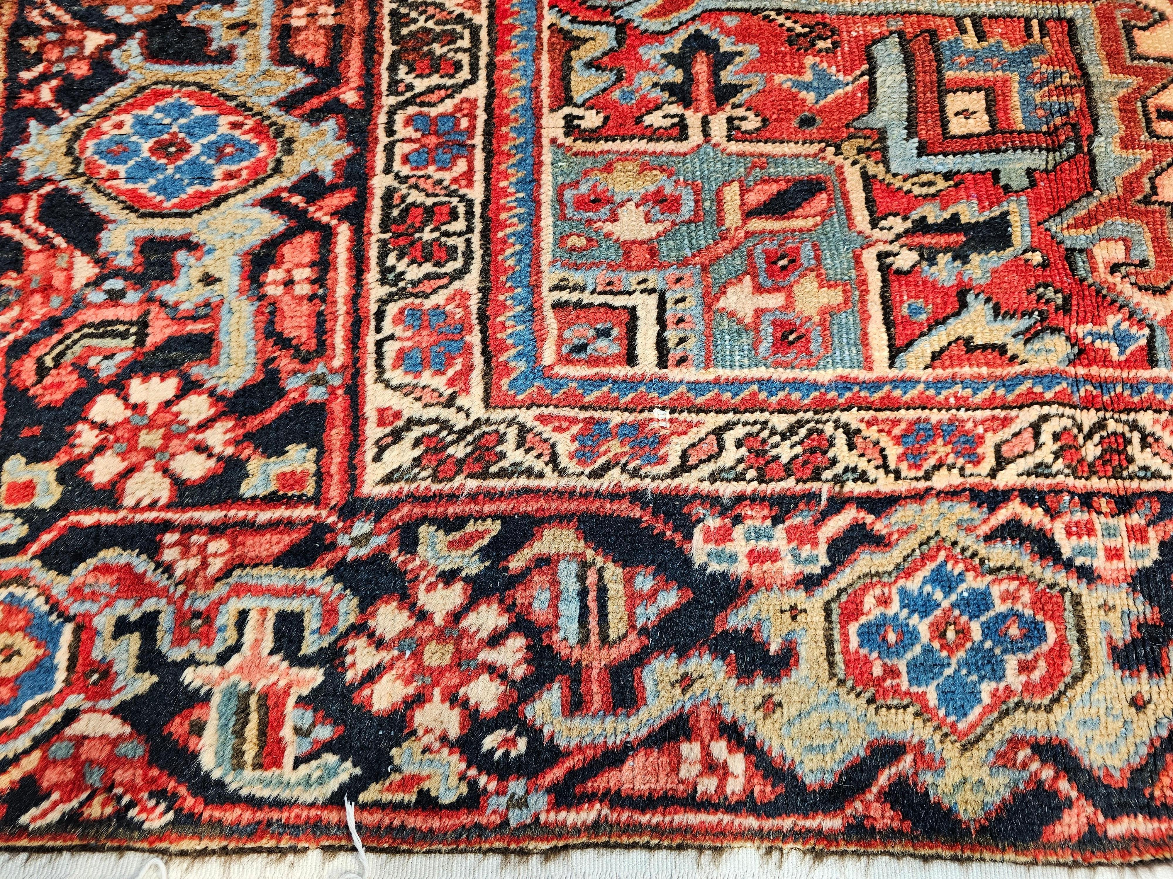 19th Century Persian Heriz Serapi in Red, Turquoise, Green, Yellow, Pink, Navy For Sale 6