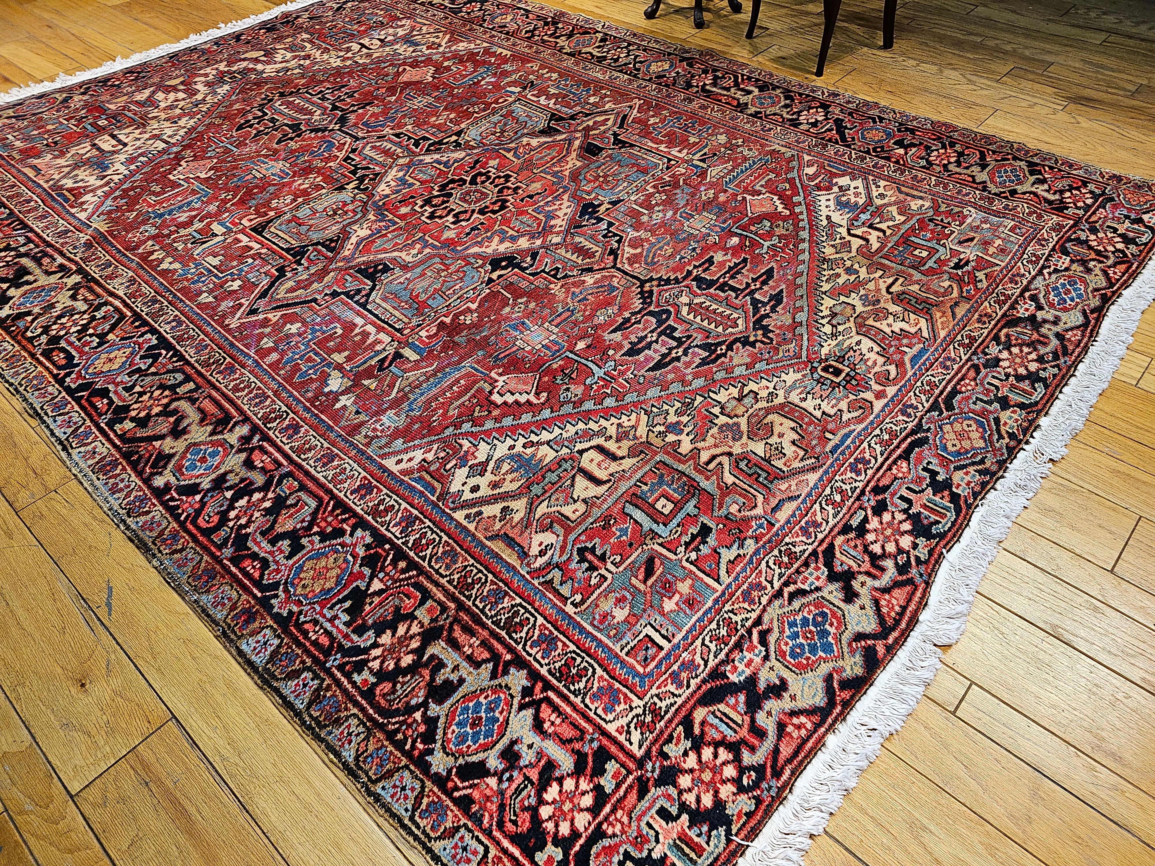 19th Century Persian Heriz Serapi in Red, Turquoise, Green, Yellow, Pink, Navy For Sale 7