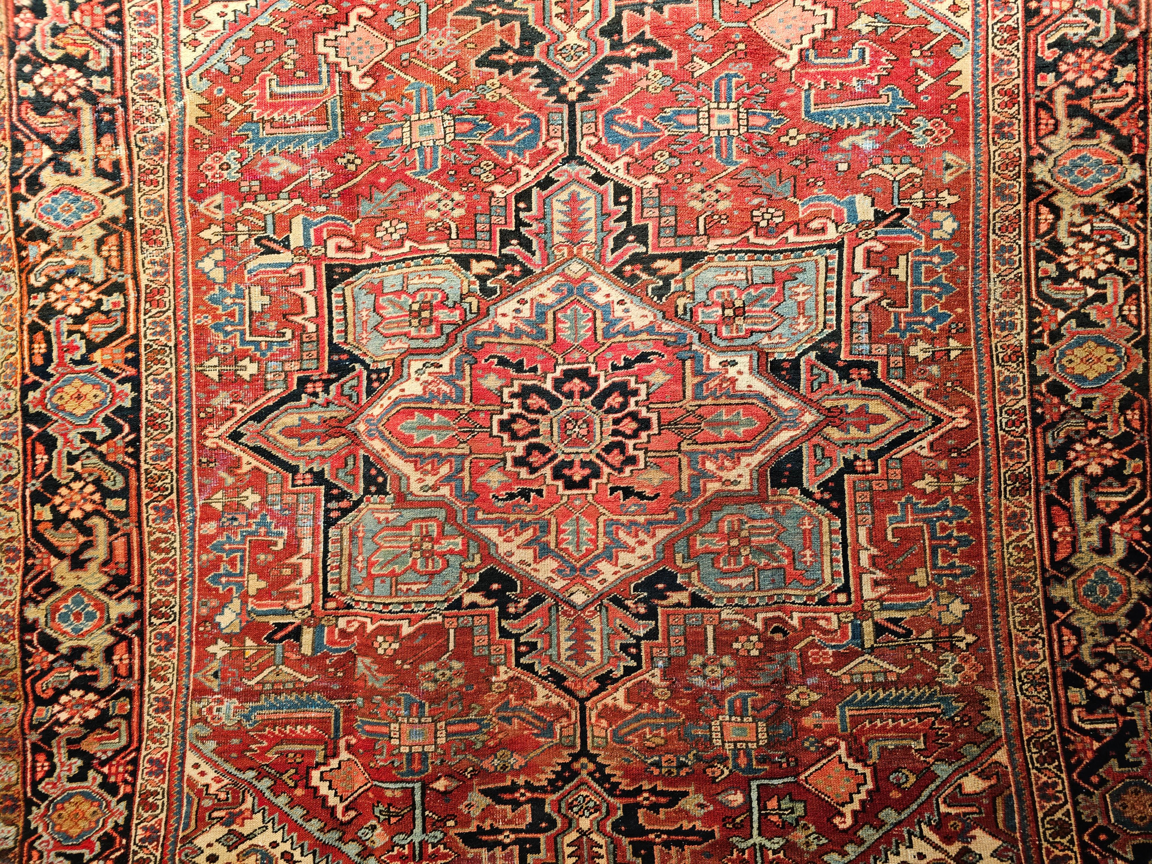 Wool 19th Century Persian Heriz Serapi in Red, Turquoise, Green, Yellow, Pink, Navy For Sale