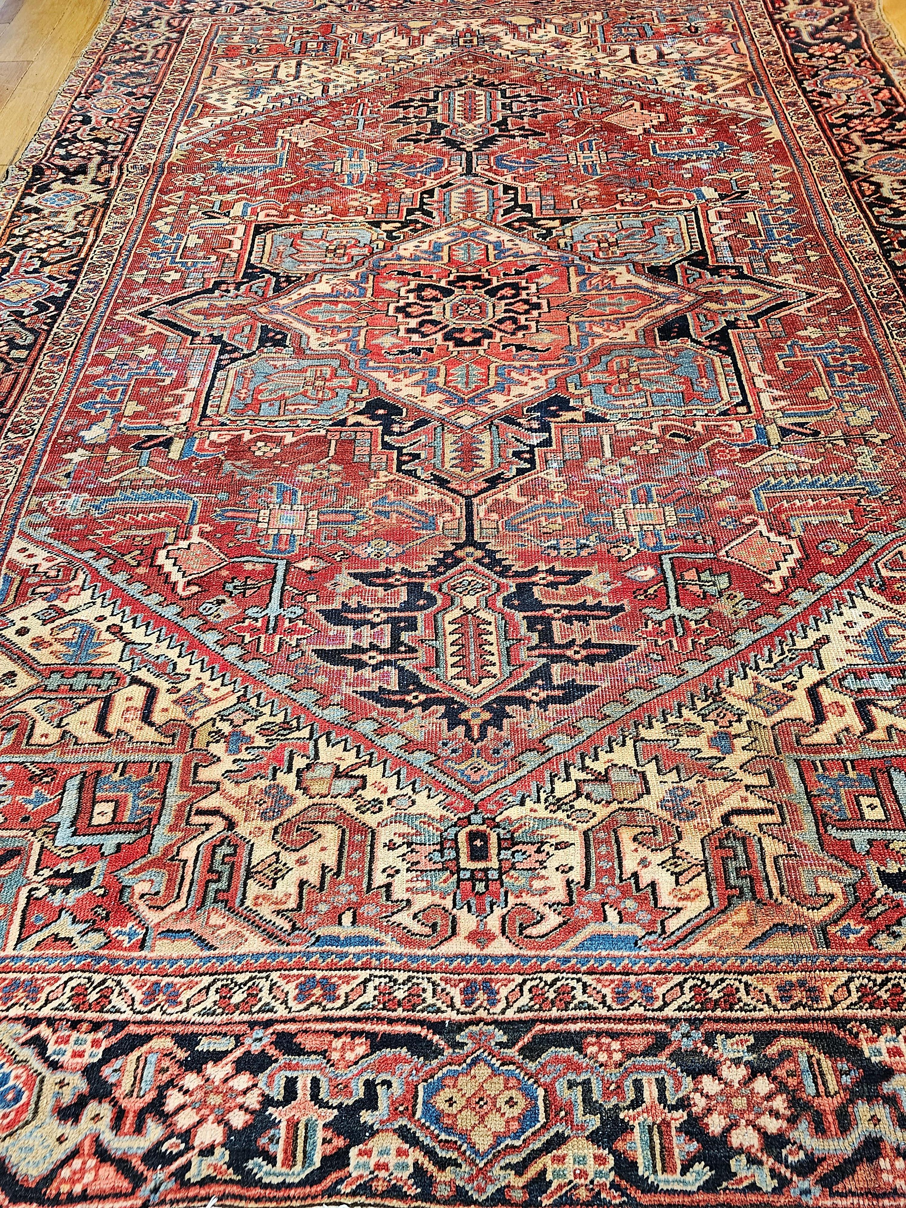19th Century Persian Heriz Serapi in Red, Turquoise, Green, Yellow, Pink, Navy For Sale 12