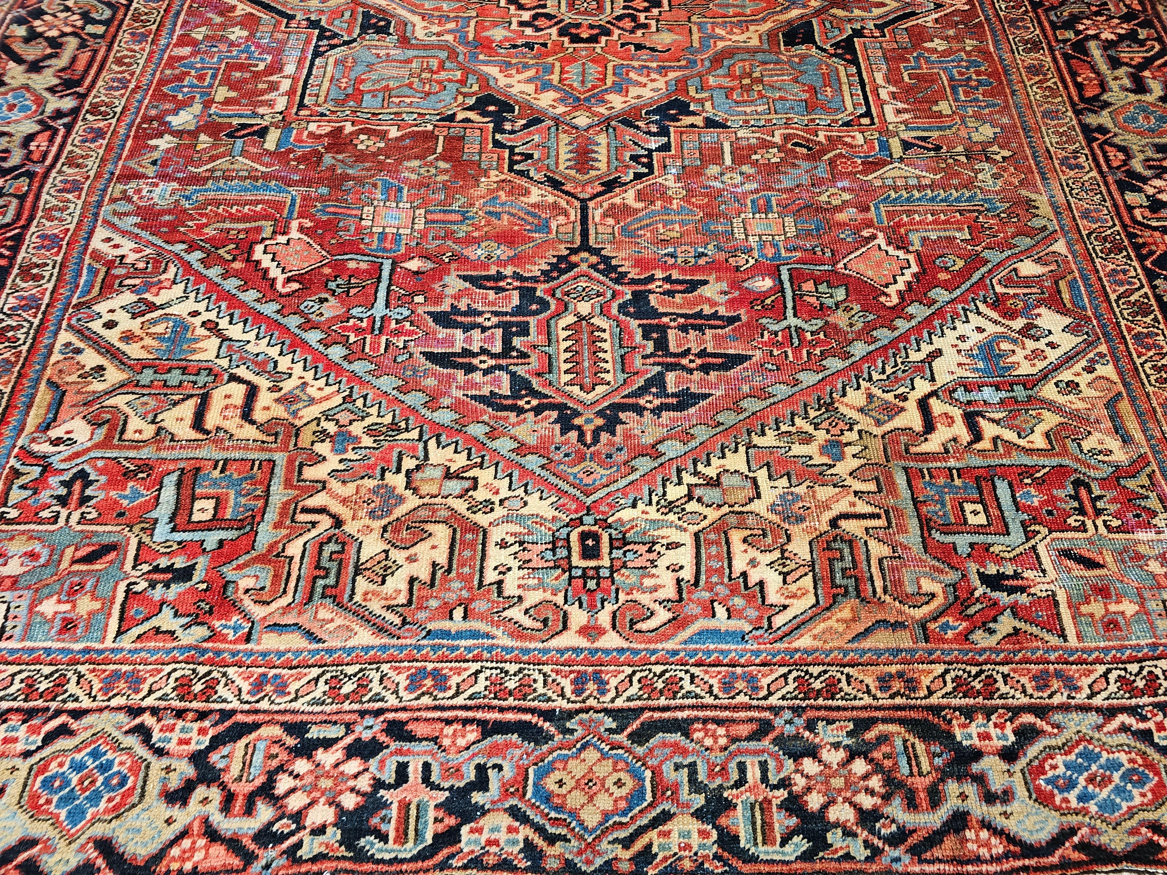 19th Century Persian Heriz Serapi in Red, Turquoise, Green, Yellow, Pink, Navy For Sale 2