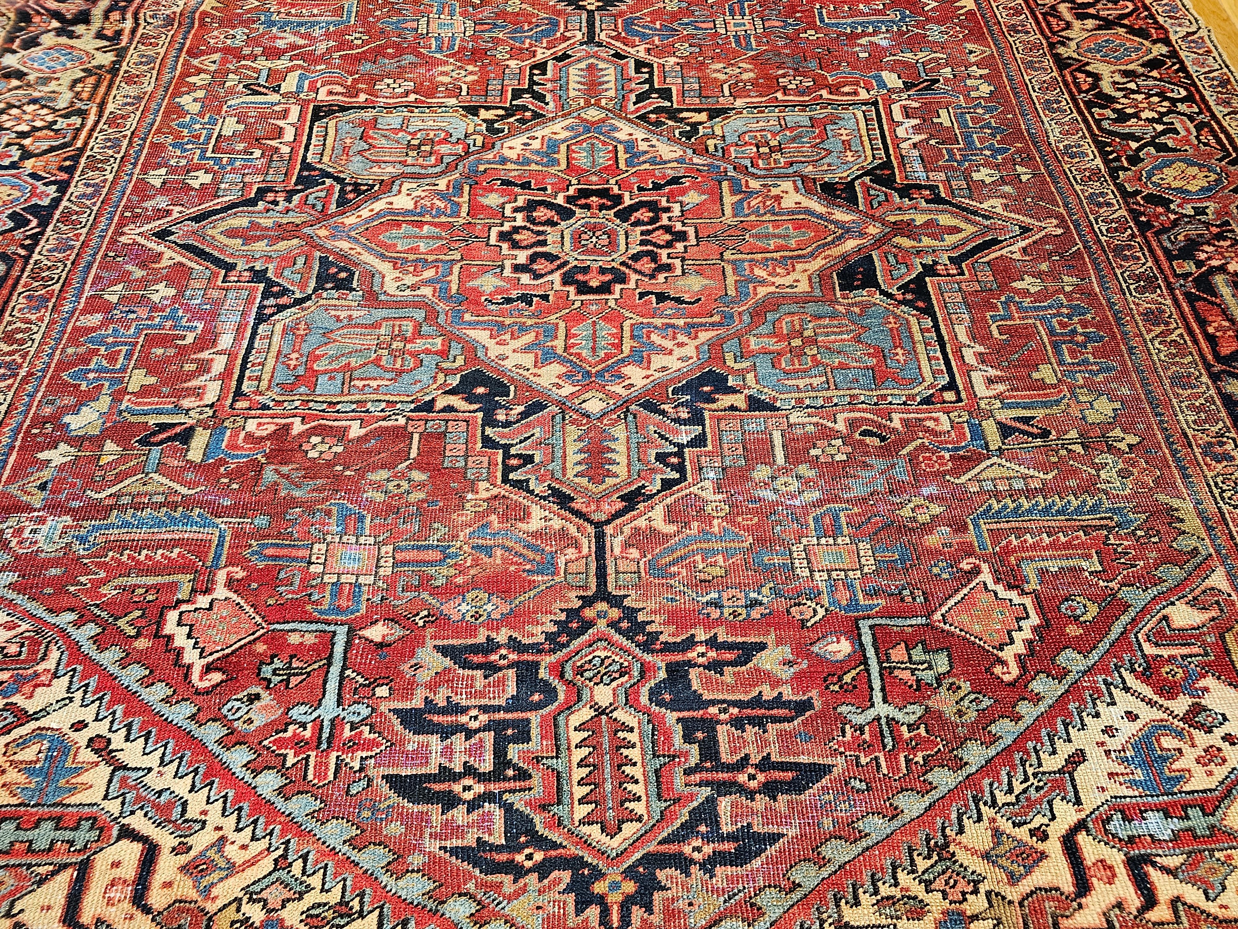 19th Century Persian Heriz Serapi in Red, Turquoise, Green, Yellow, Pink, Navy For Sale 3