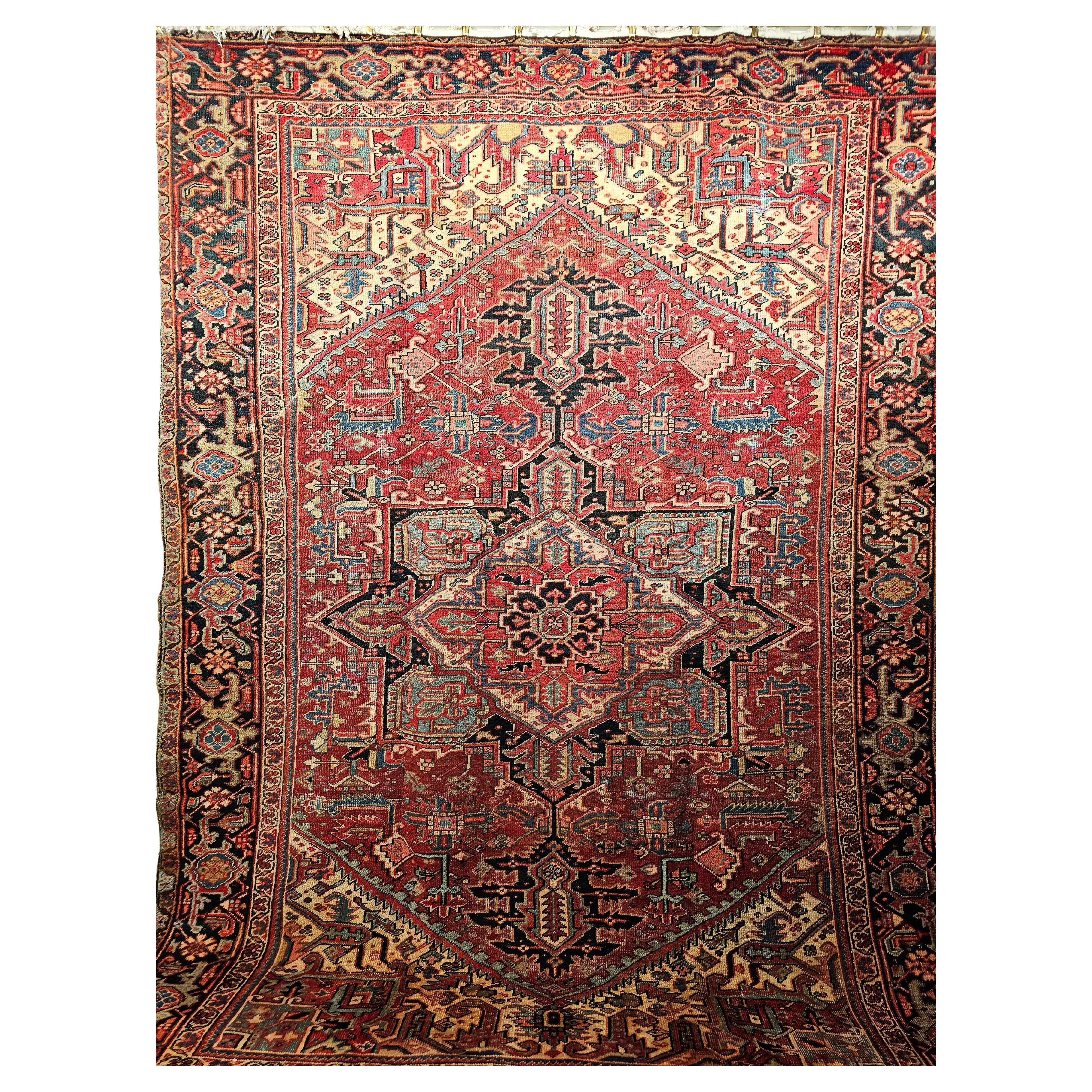 19th Century Persian Heriz Serapi in Red, Turquoise, Green, Yellow, Pink, Navy For Sale