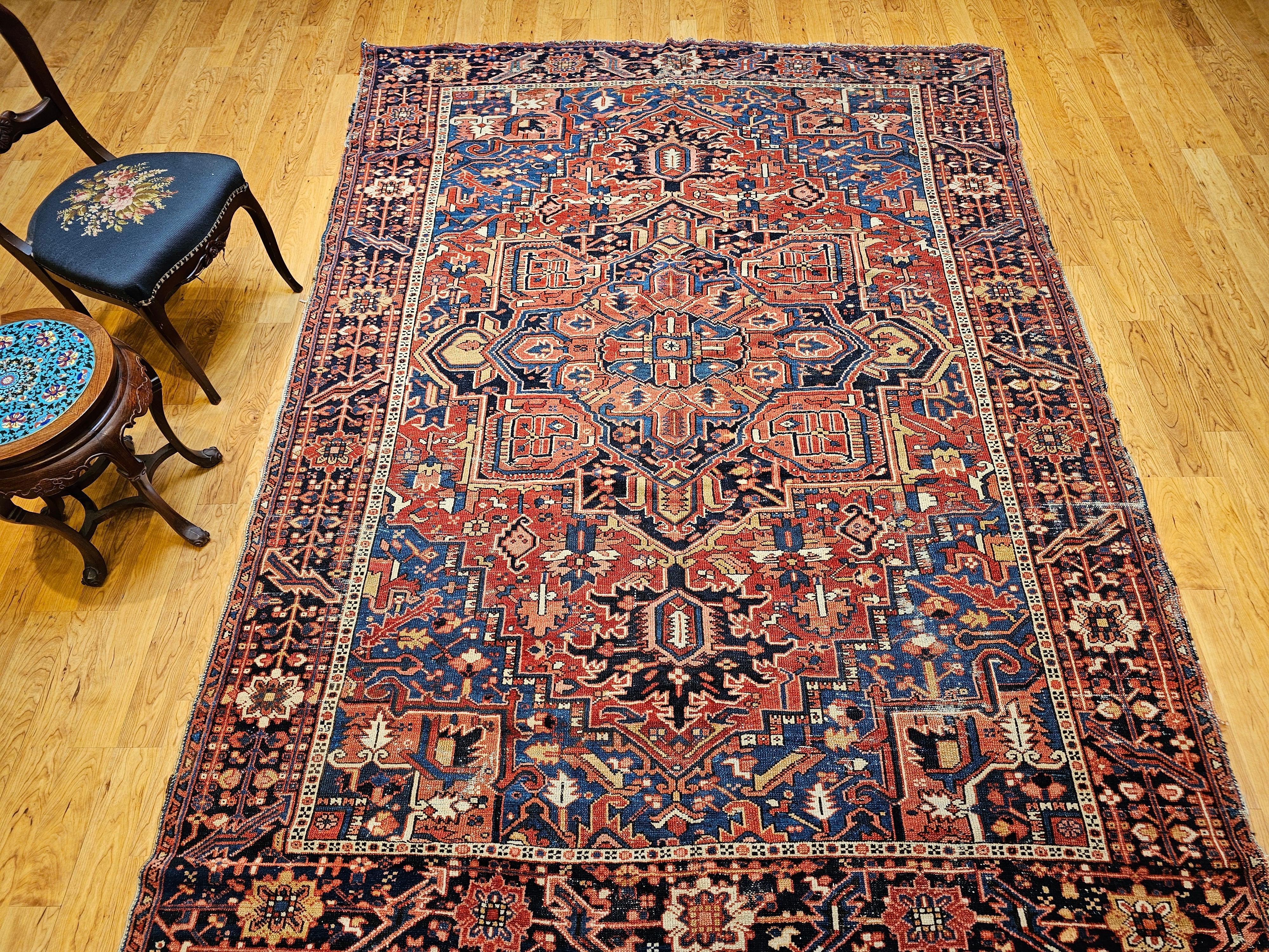 Persischer Heriz-Serapi-Teppich des 19. Jahrhunderts in Rostrot, Französisch Blau, Elfenbein, Marine im Angebot 14
