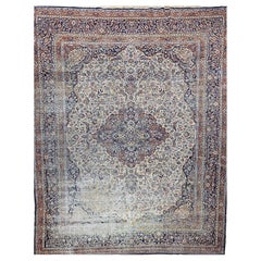 19th Century Persian Kashan Room Size Rug in Floral Pattern in Ivory, Navy Blue