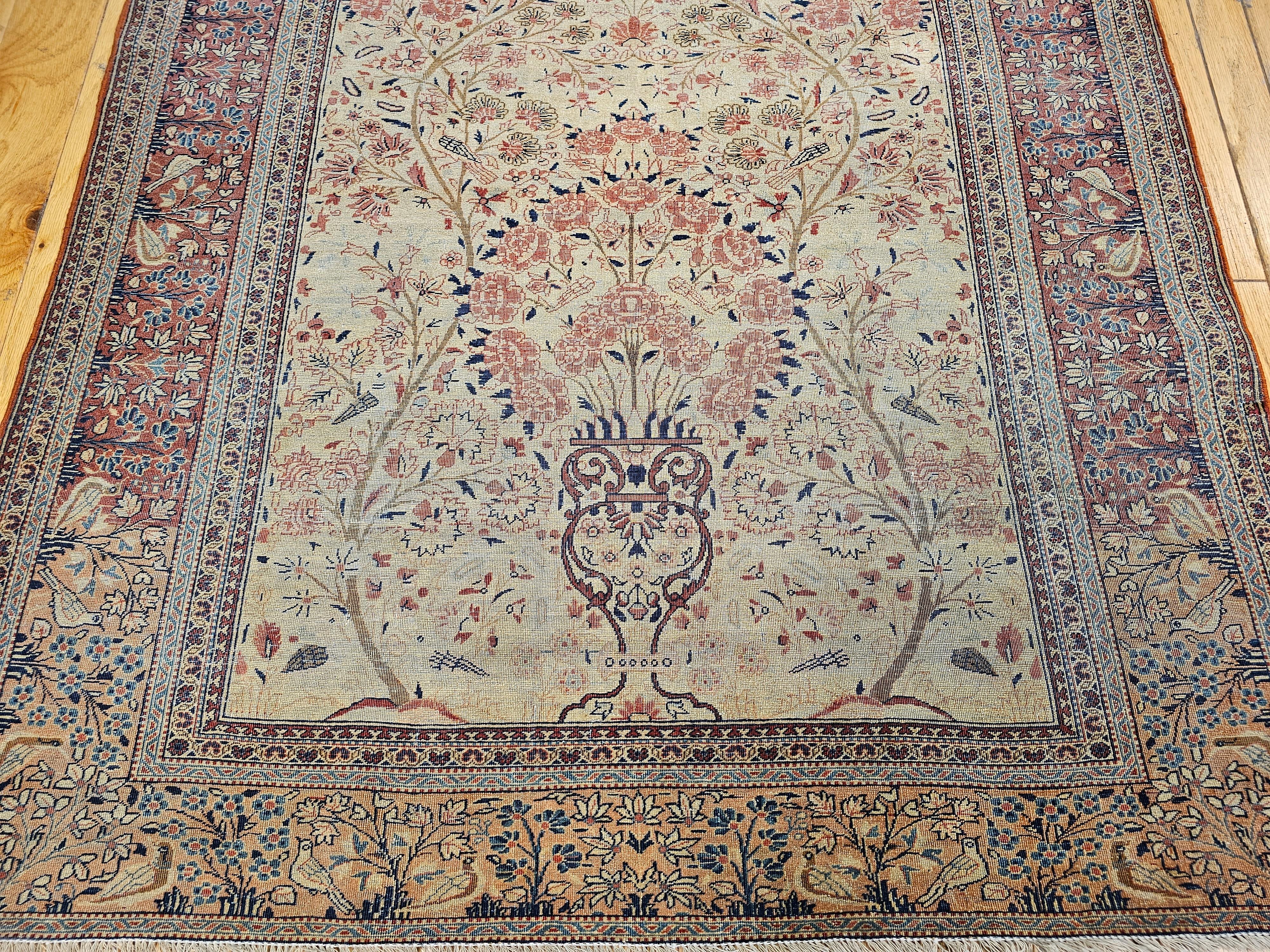 19th Century Persian Kashan “Tree of Life” Vase Rug in Ivory, Brick Red, Navy For Sale 6