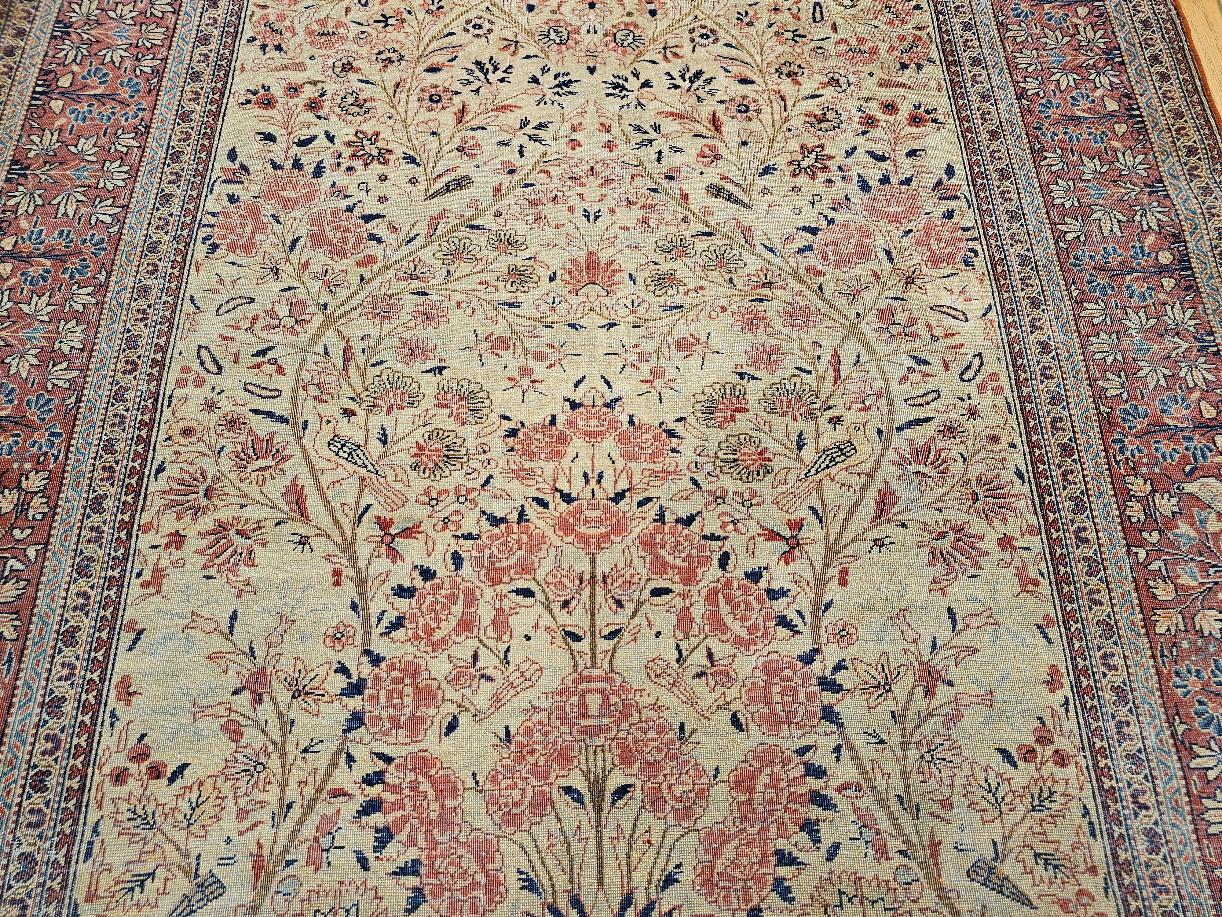 19th Century Persian Kashan Vase “Tree of Life” Rug in Ivory, Brick Red, Navy For Sale 7