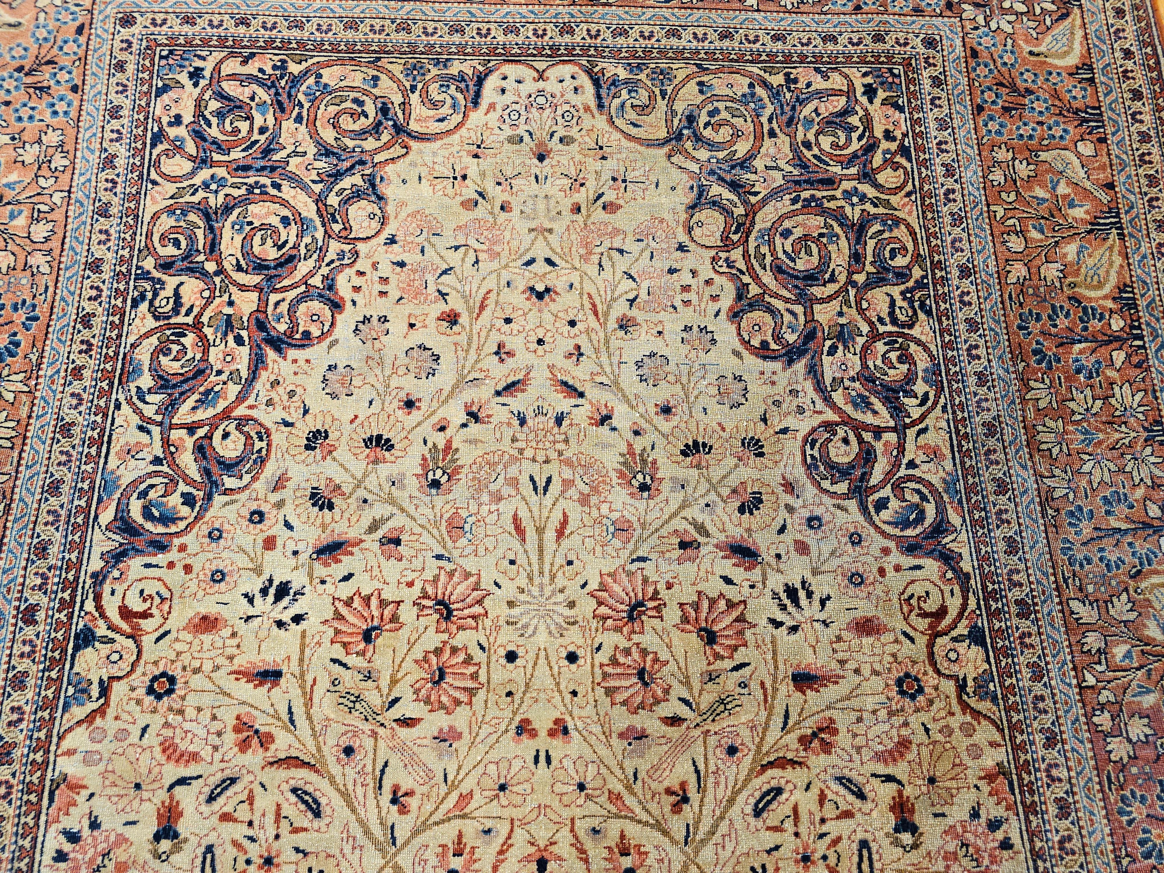 19th Century Persian Kashan “Tree of Life” Vase Rug in Ivory, Brick Red, Navy For Sale 8
