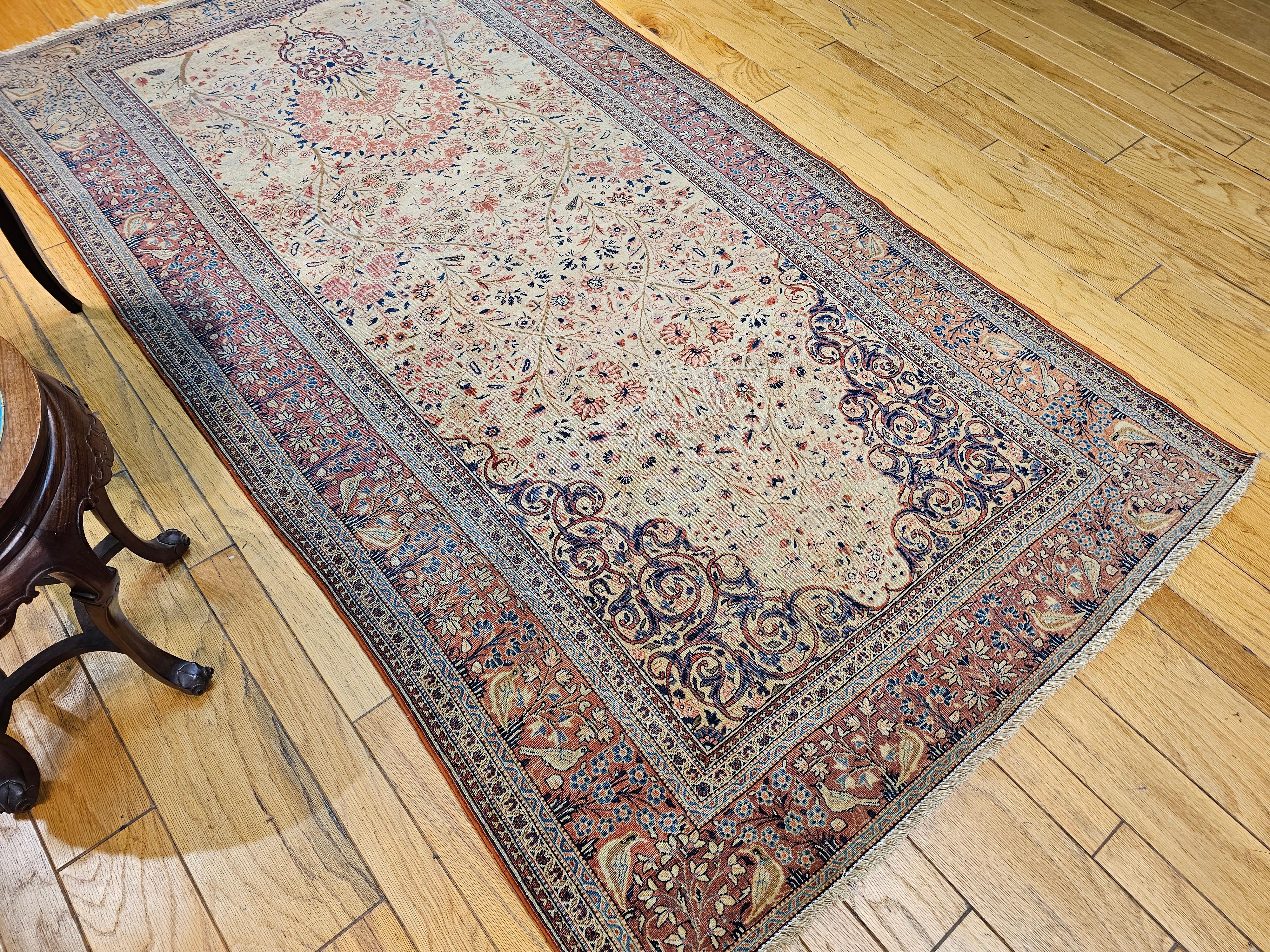 19th Century Persian Kashan Vase “Tree of Life” Rug in Ivory, Brick Red, Navy For Sale 9