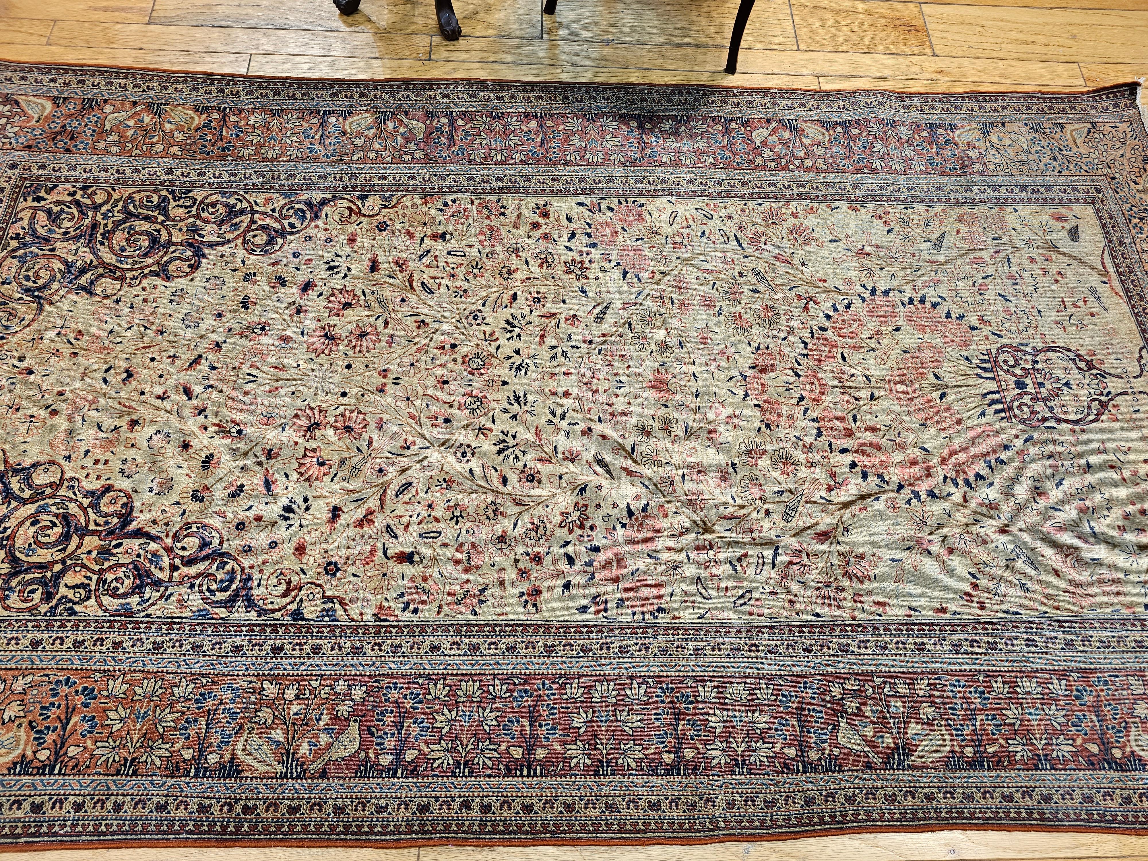 19th Century Persian Kashan “Tree of Life” Vase Rug in Ivory, Brick Red, Navy For Sale 11
