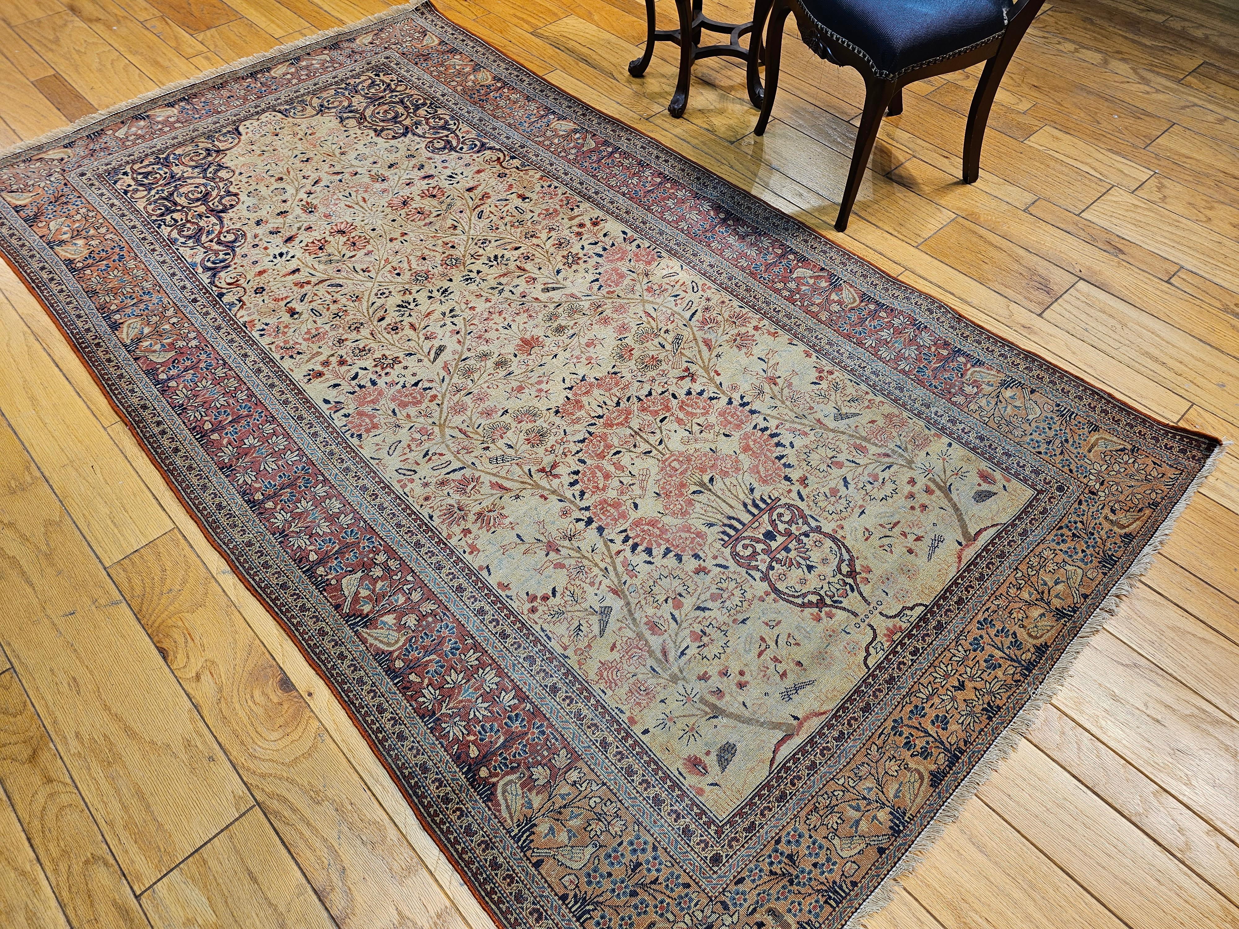 19th Century Persian Kashan “Tree of Life” Vase Rug in Ivory, Brick Red, Navy For Sale 12