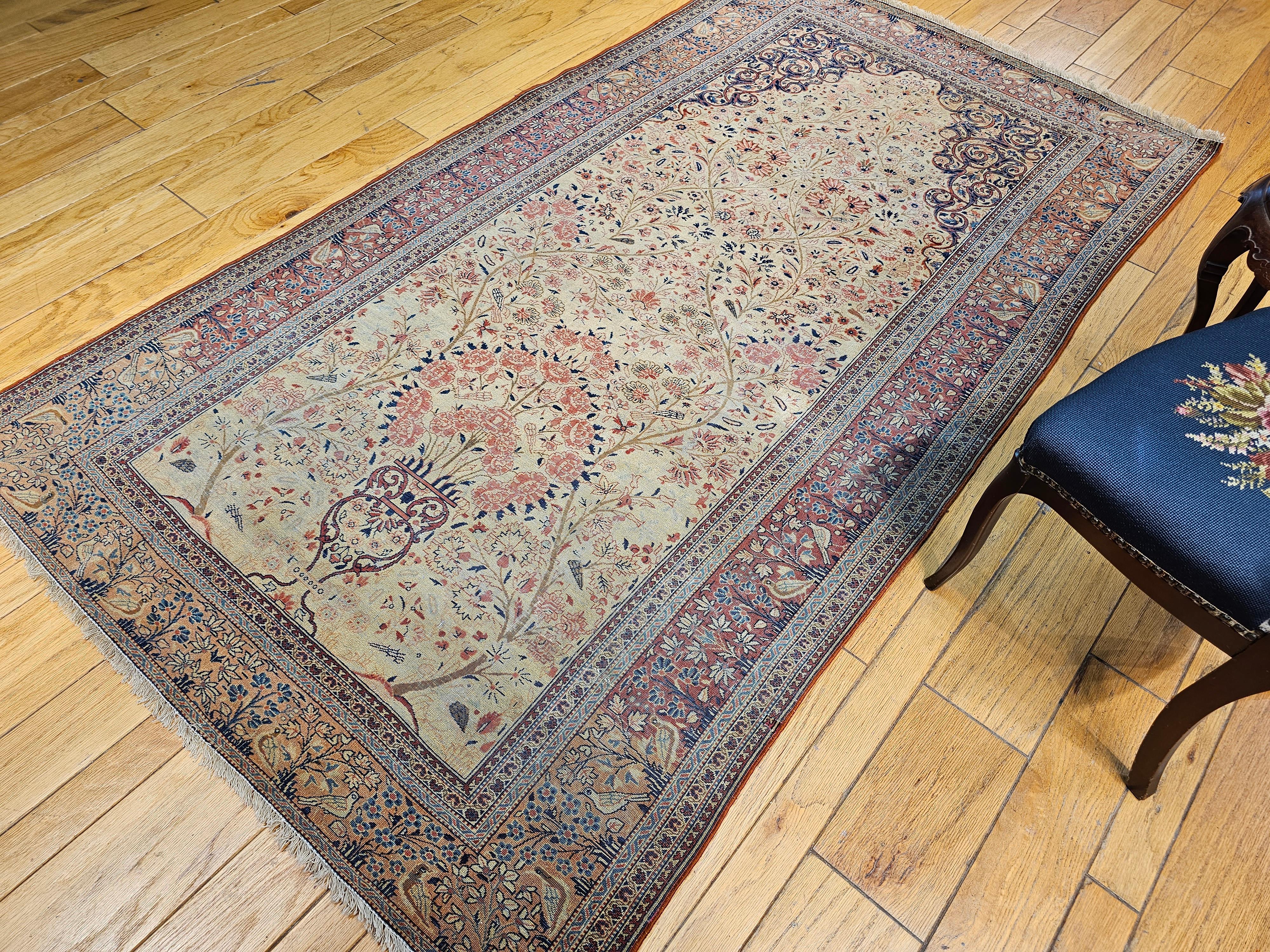 19th Century Persian Kashan “Tree of Life” Vase Rug in Ivory, Brick Red, Navy For Sale 13