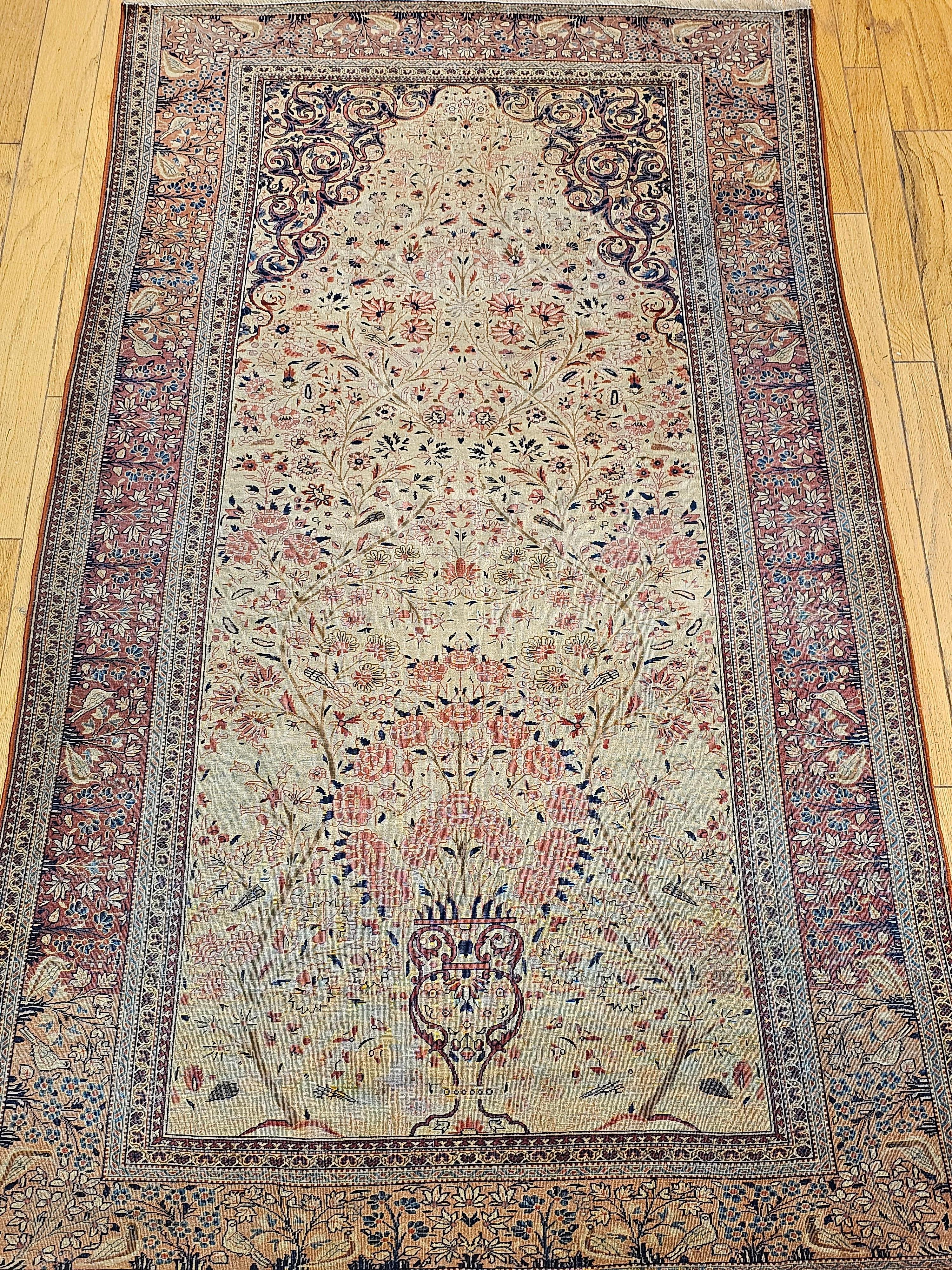 19th Century Persian Kashan Vase “Tree of Life” Rug in Ivory, Brick Red, Navy For Sale 5