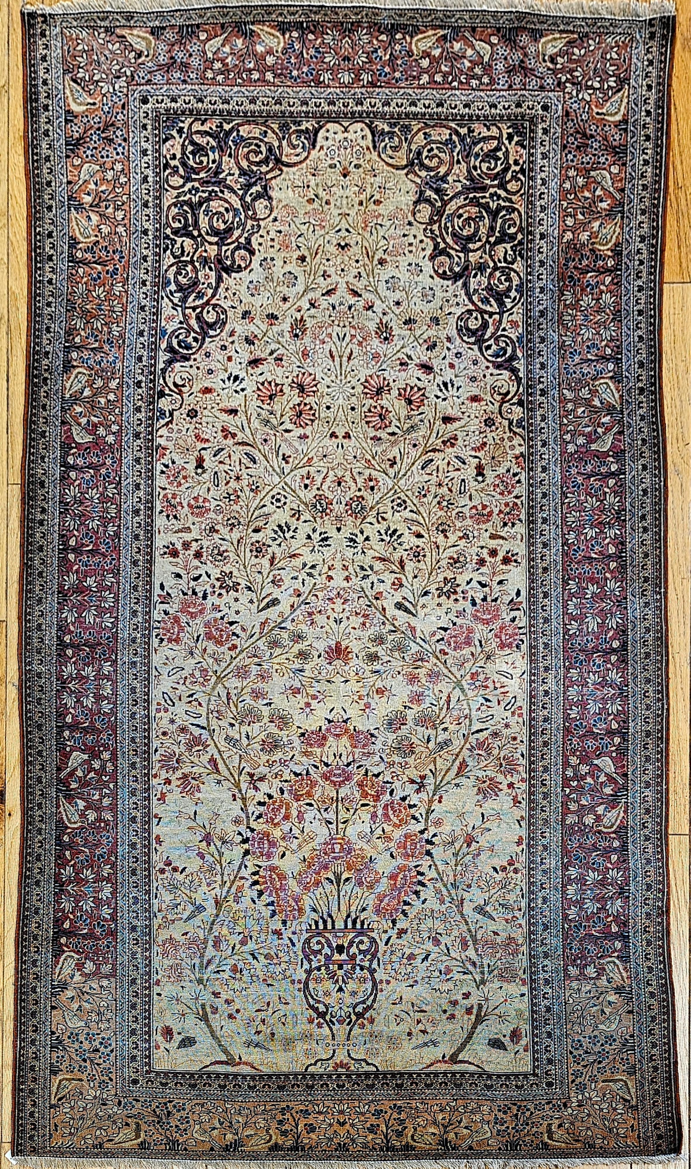 19th Century Persian Kashan “Tree of Life” Vase Rug in Ivory, Brick Red, Navy For Sale