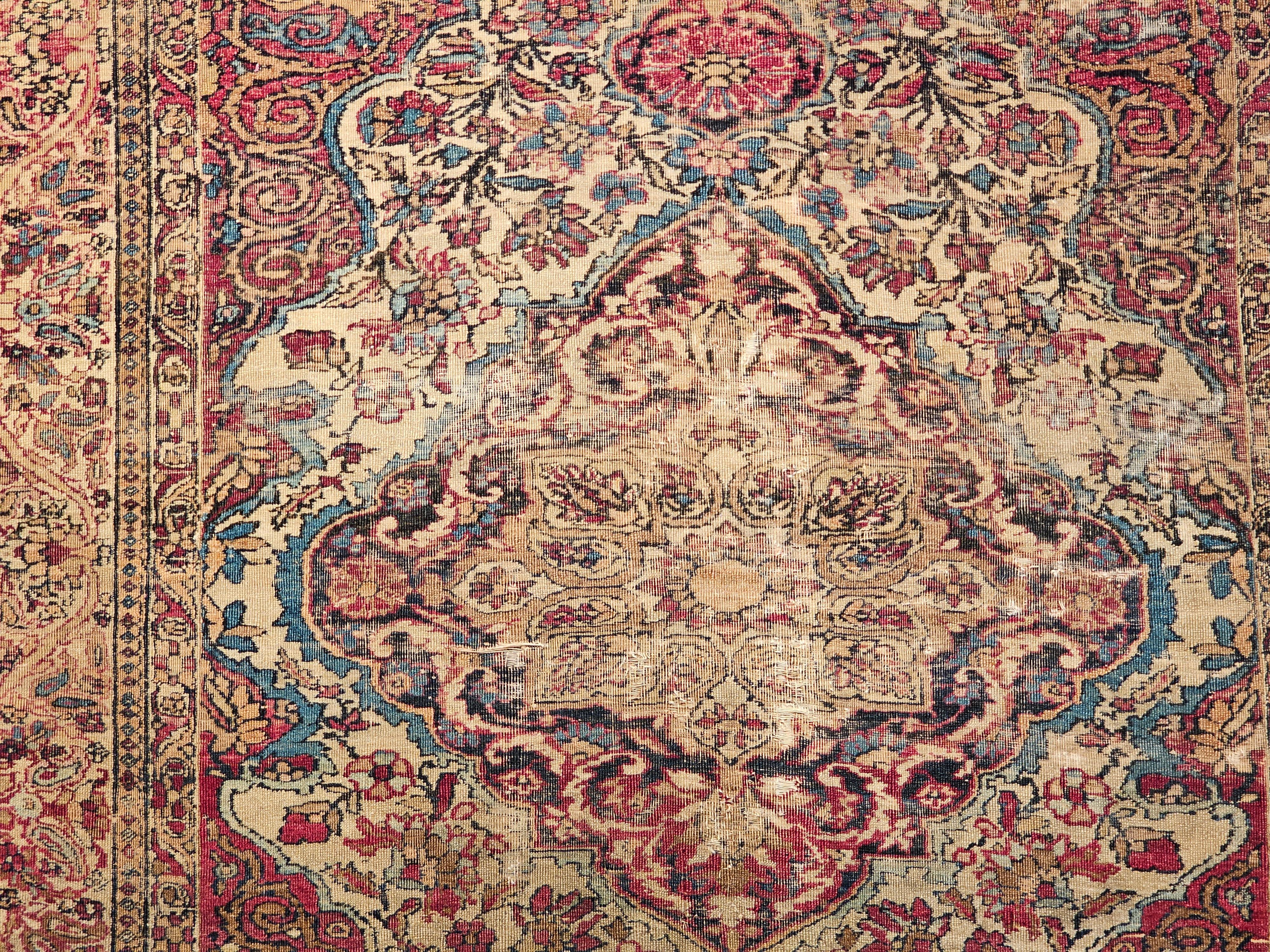 19th-Century Persian Kerman Lavar Area Rug in Floral Design in Ivory, Red, Blue For Sale 5