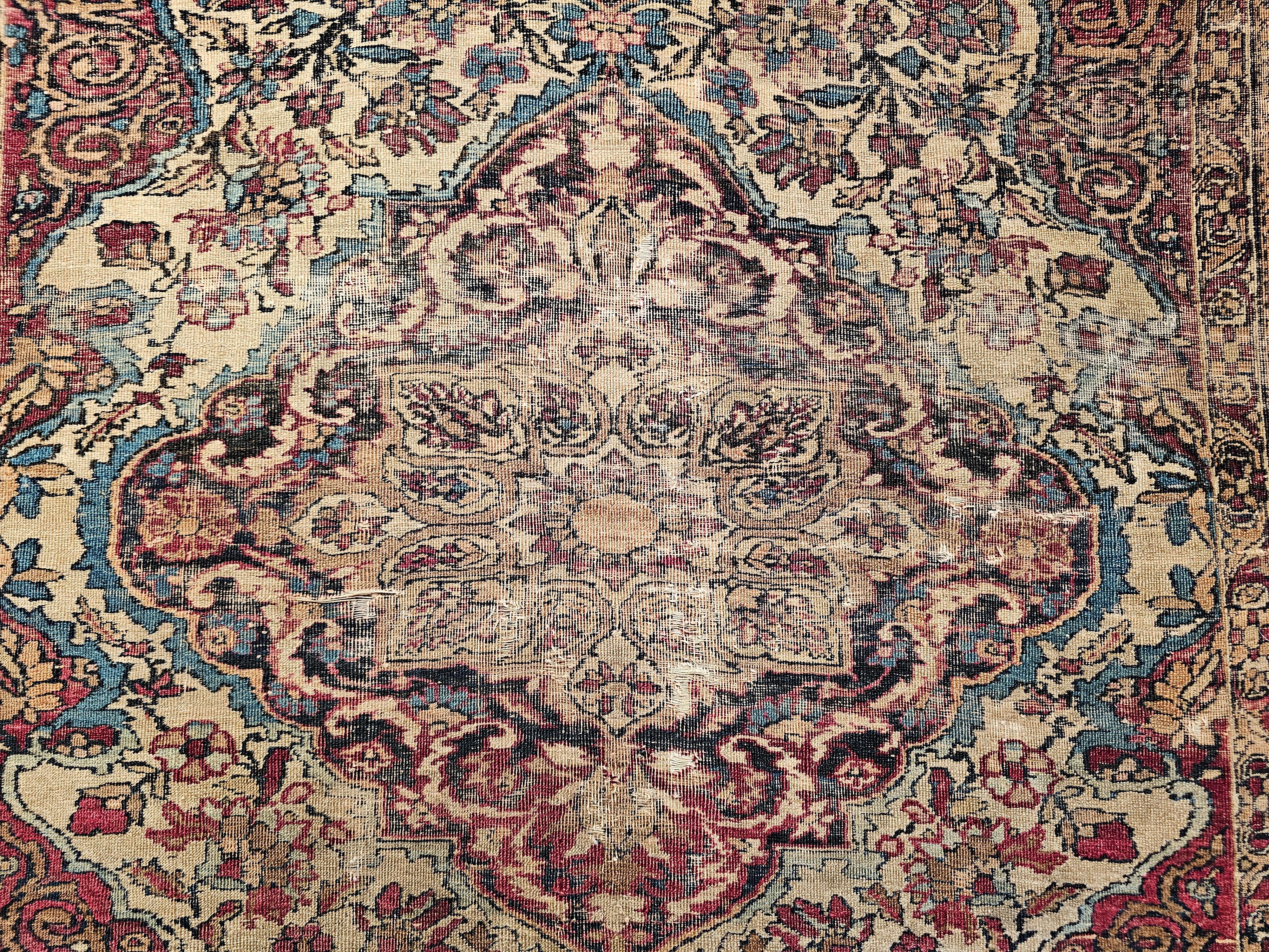 19th-Century Persian Kerman Lavar Area Rug in Floral Design in Ivory, Red, Blue For Sale 6