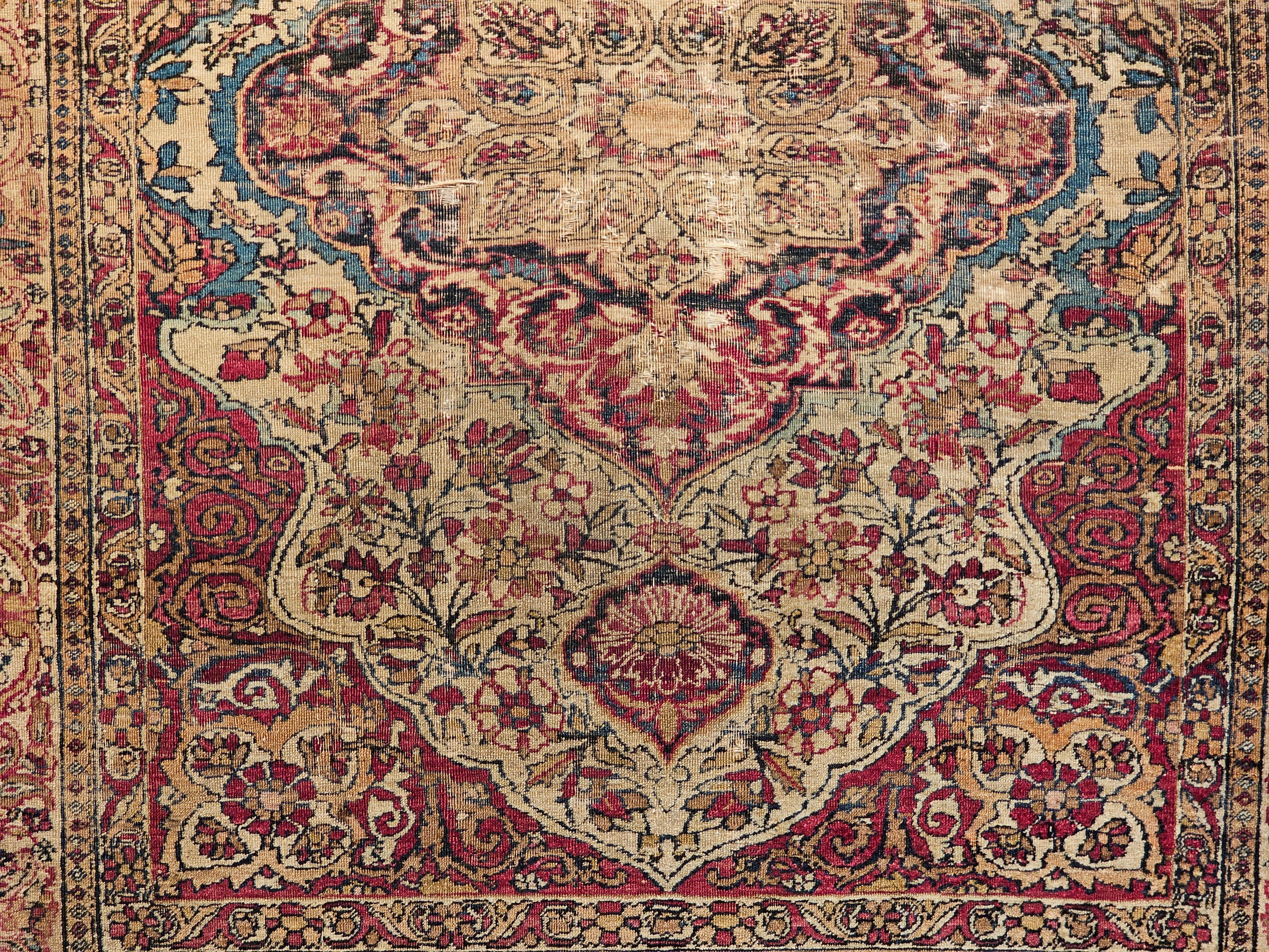19th-Century Persian Kerman Lavar Area Rug in Floral Design in Ivory, Red, Blue For Sale 7