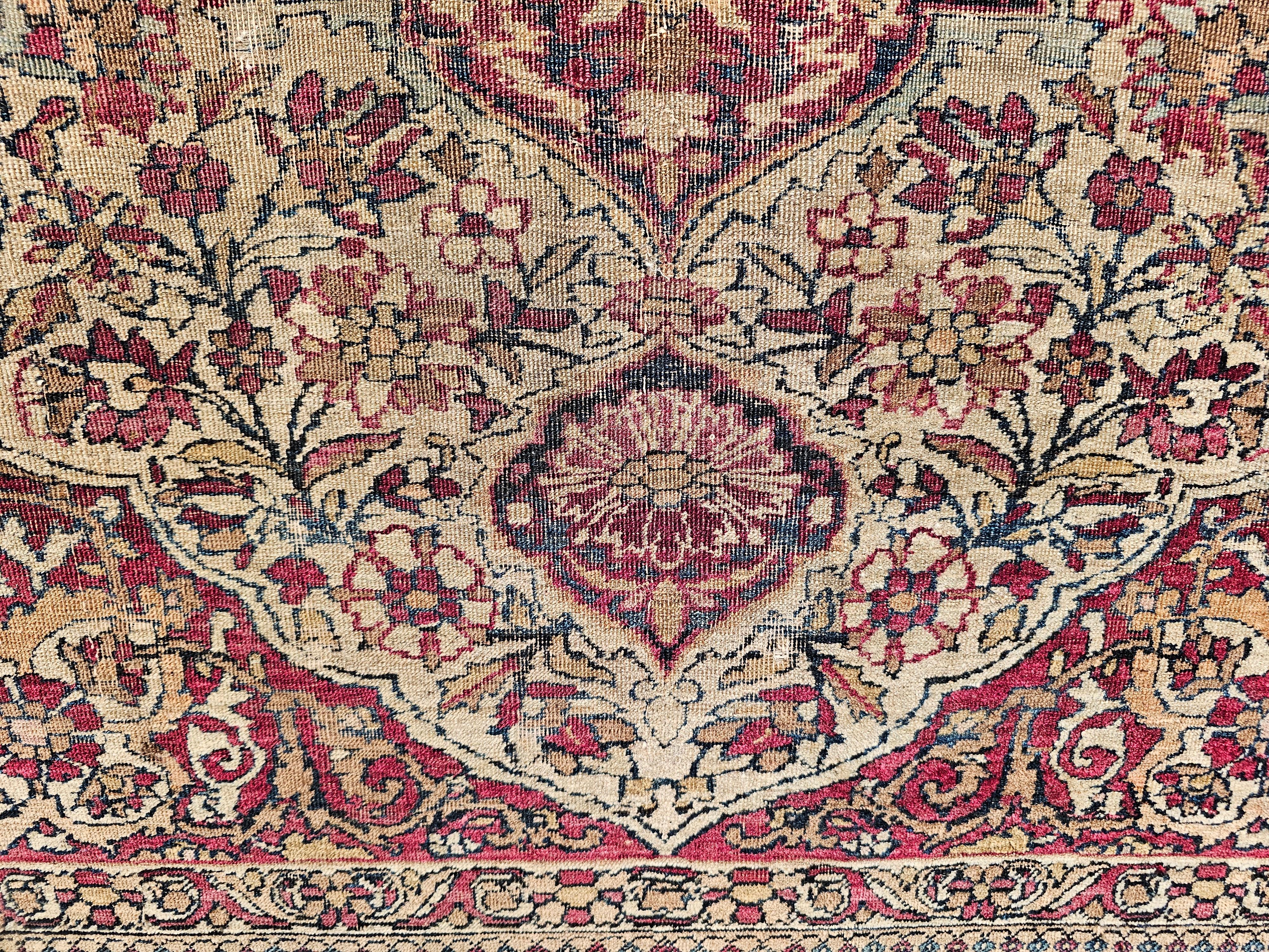 19th-Century Persian Kerman Lavar Area Rug in Floral Design in Ivory, Red, Blue For Sale 8
