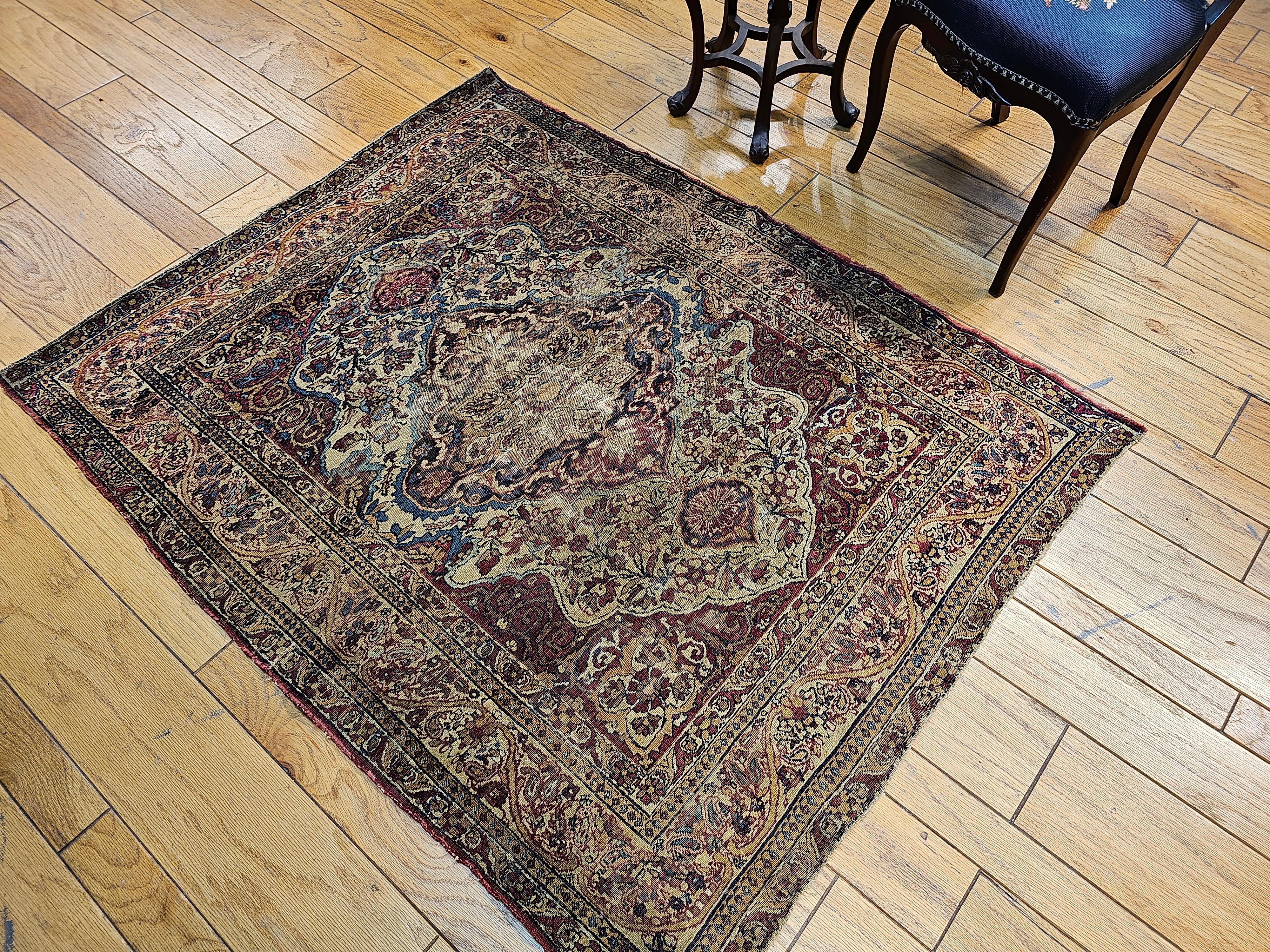 19th-Century Persian Kerman Lavar Area Rug in Floral Design in Ivory, Red, Blue For Sale 9