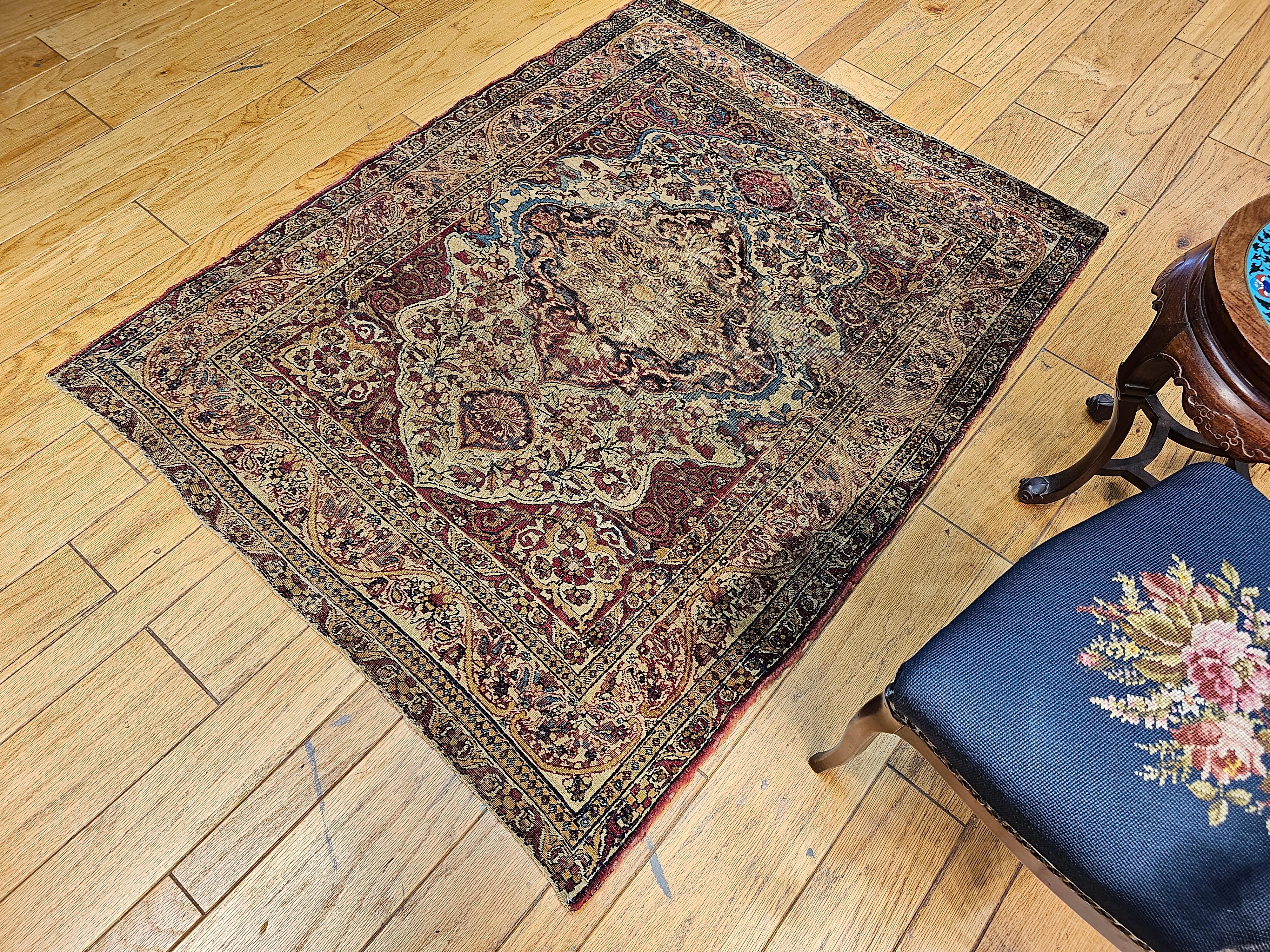 19th-Century Persian Kerman Lavar Area Rug in Floral Design in Ivory, Red, Blue For Sale 10