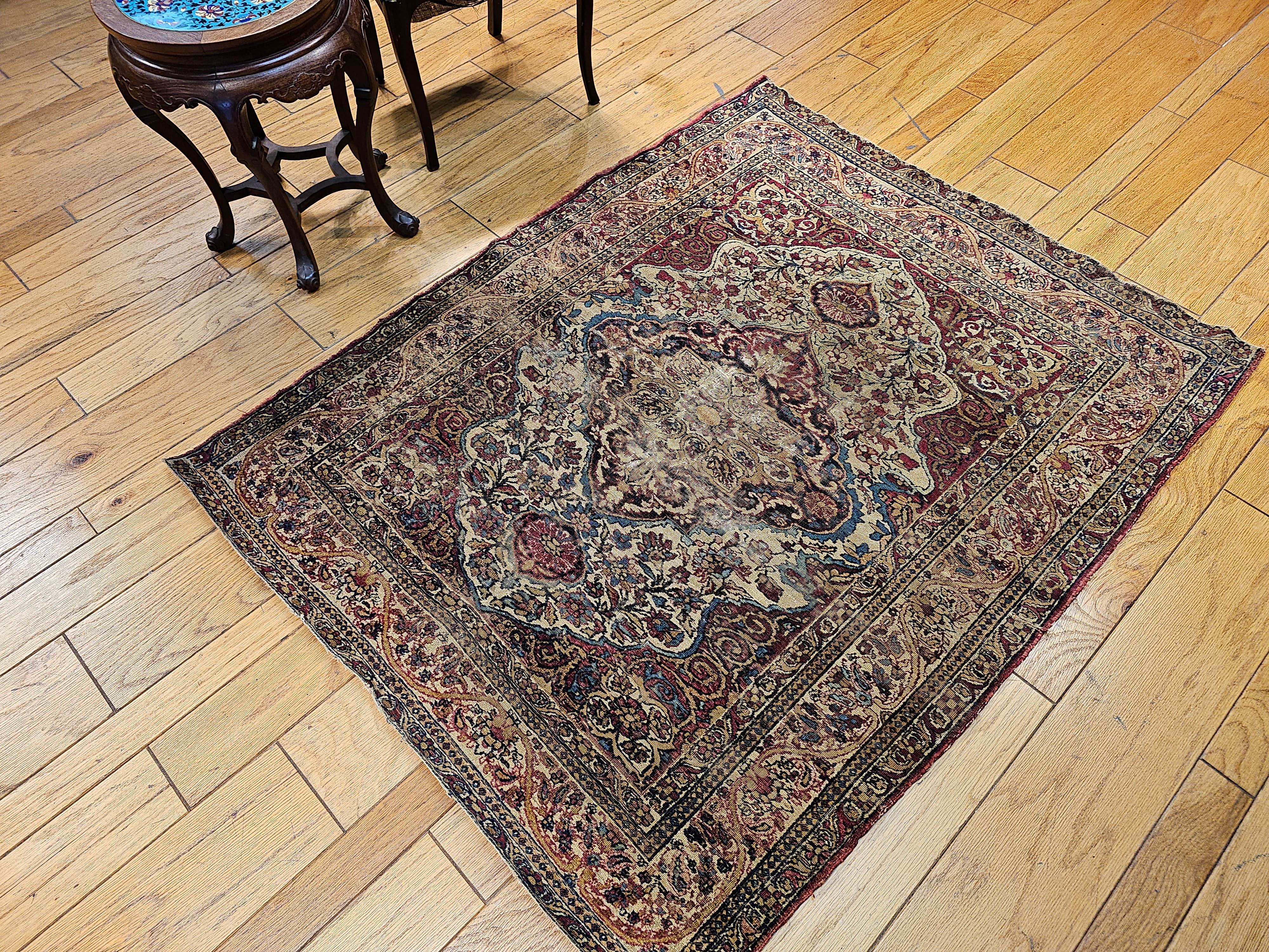 19th-Century Persian Kerman Lavar Area Rug in Floral Design in Ivory, Red, Blue For Sale 13