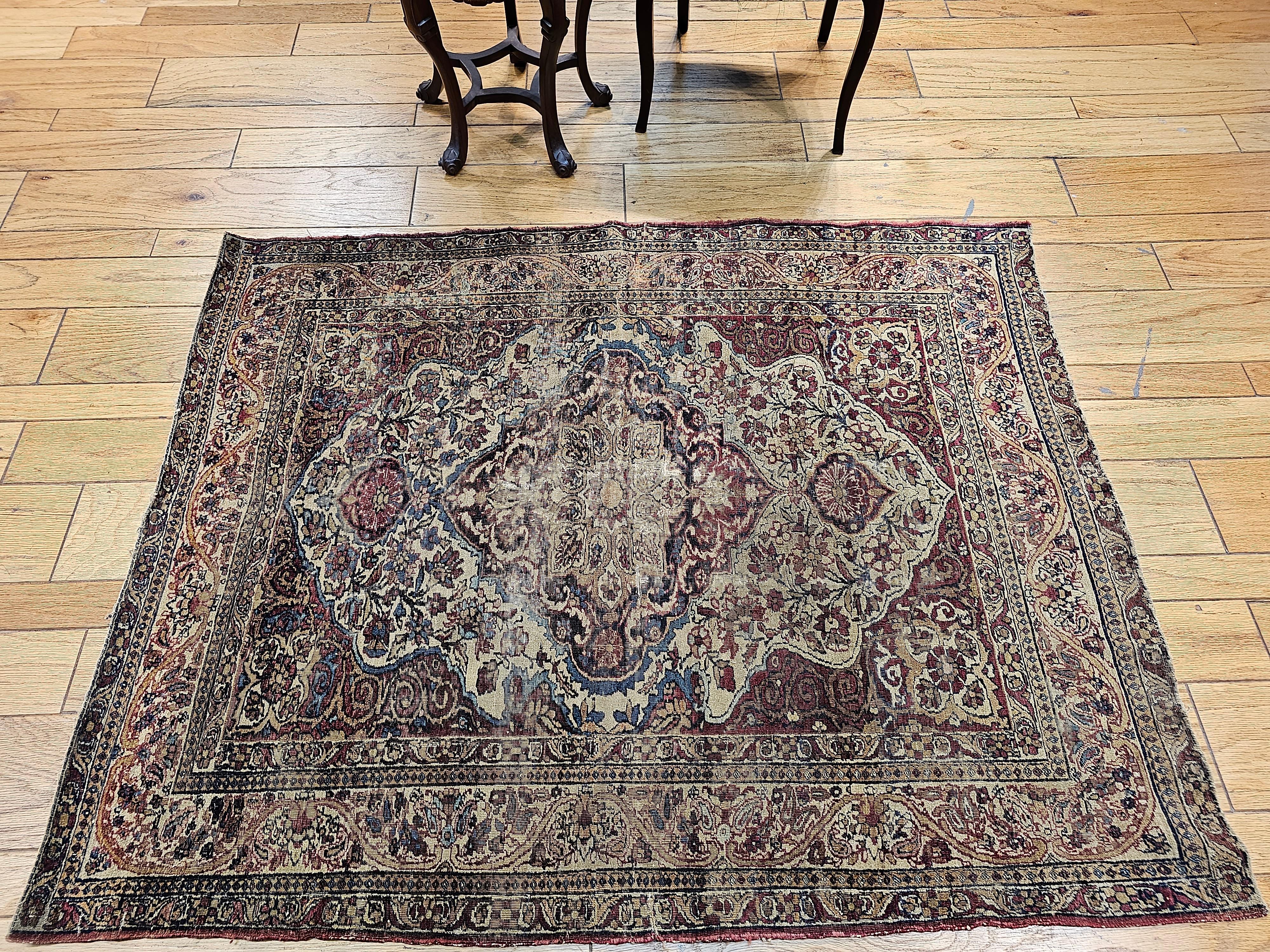 19th-Century Persian Kerman Lavar Area Rug in Floral Design in Ivory, Red, Blue For Sale 11