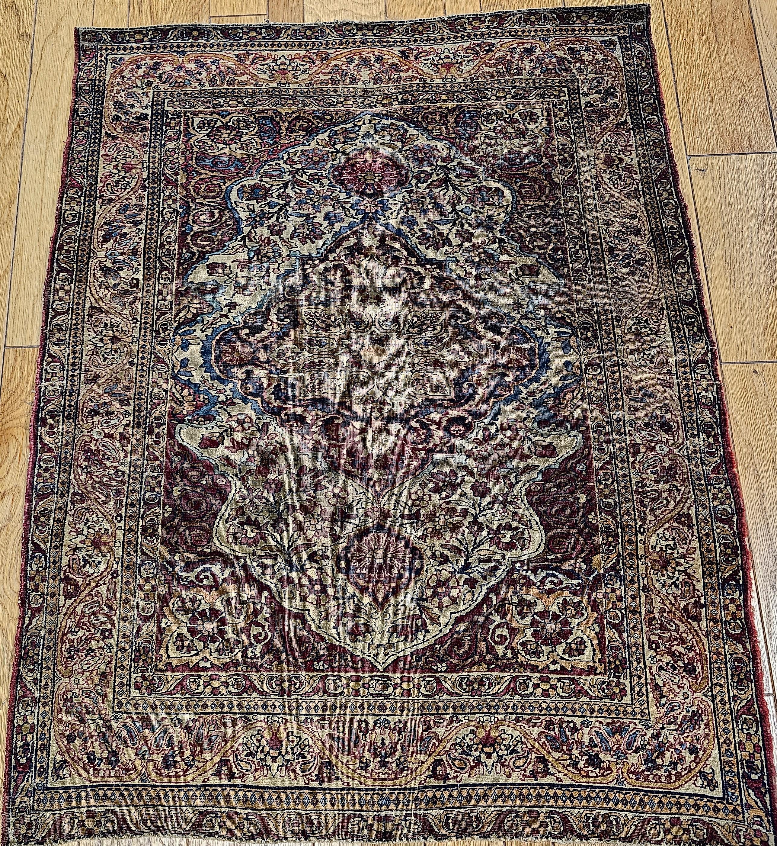 19th-Century Persian Kerman Lavar Area Rug in Floral Design in Ivory, Red, Blue For Sale 14