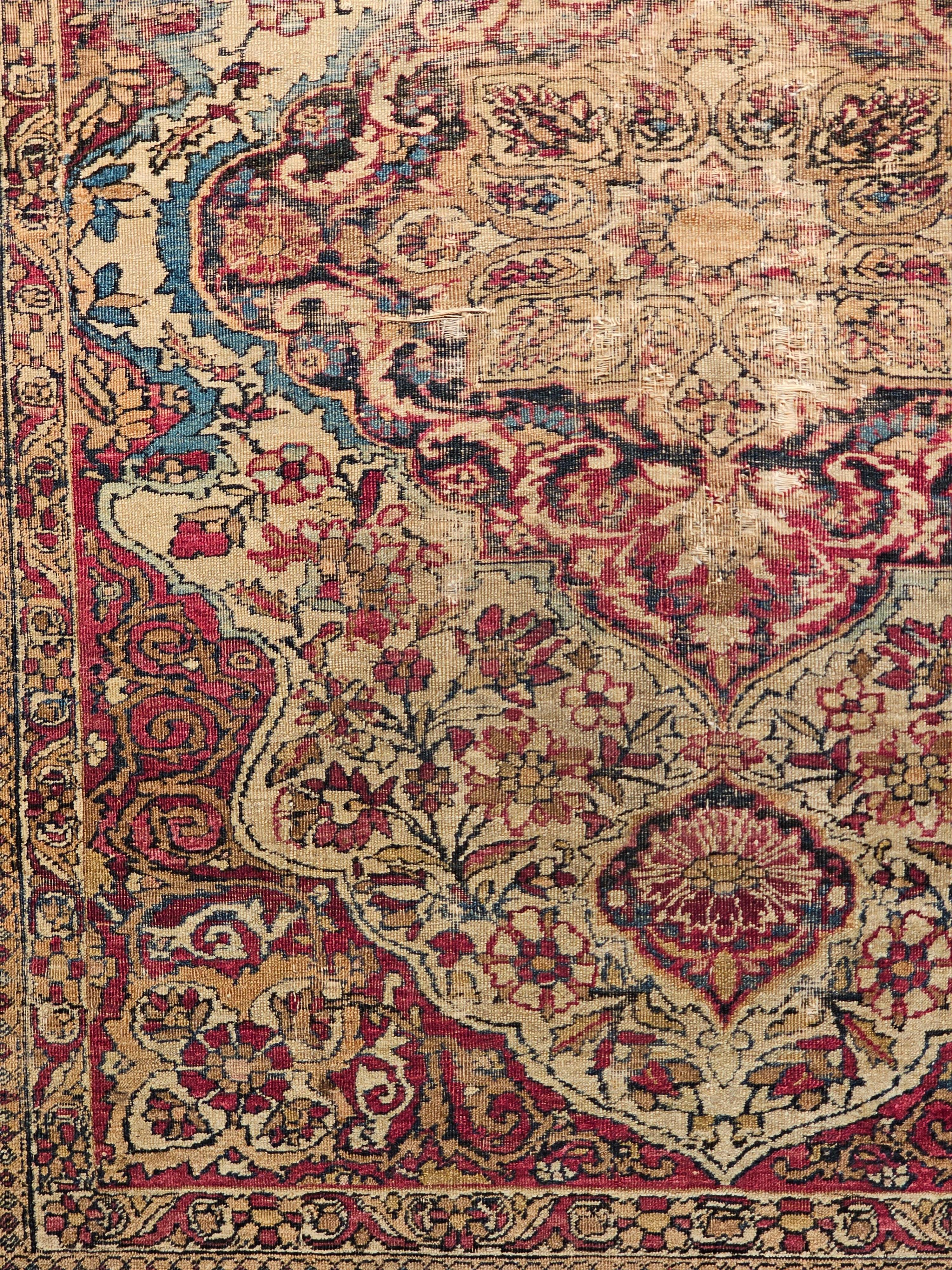 19th Century 19th-Century Persian Kerman Lavar Area Rug in Floral Design in Ivory, Red, Blue For Sale