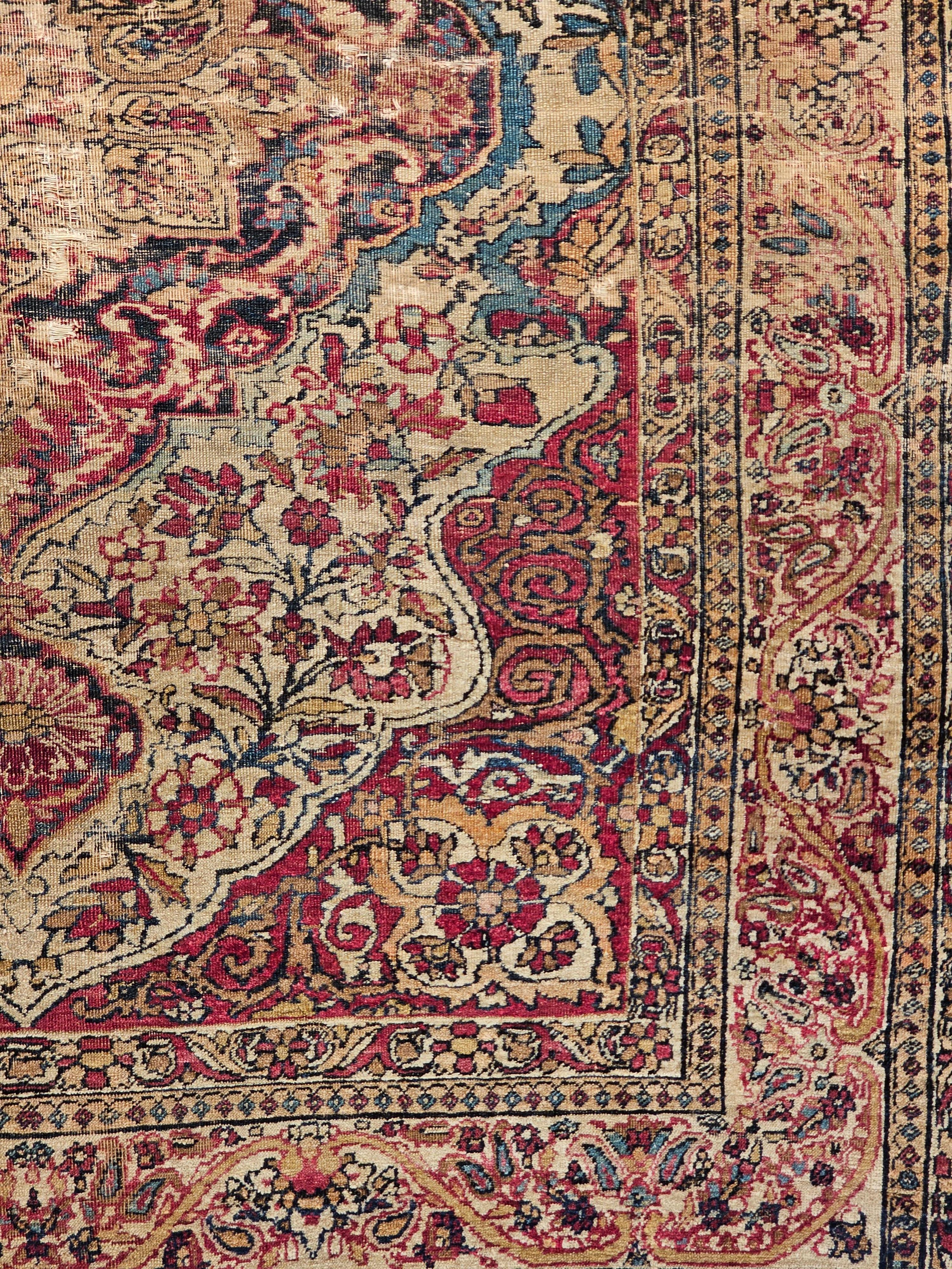 Wool 19th-Century Persian Kerman Lavar Area Rug in Floral Design in Ivory, Red, Blue For Sale