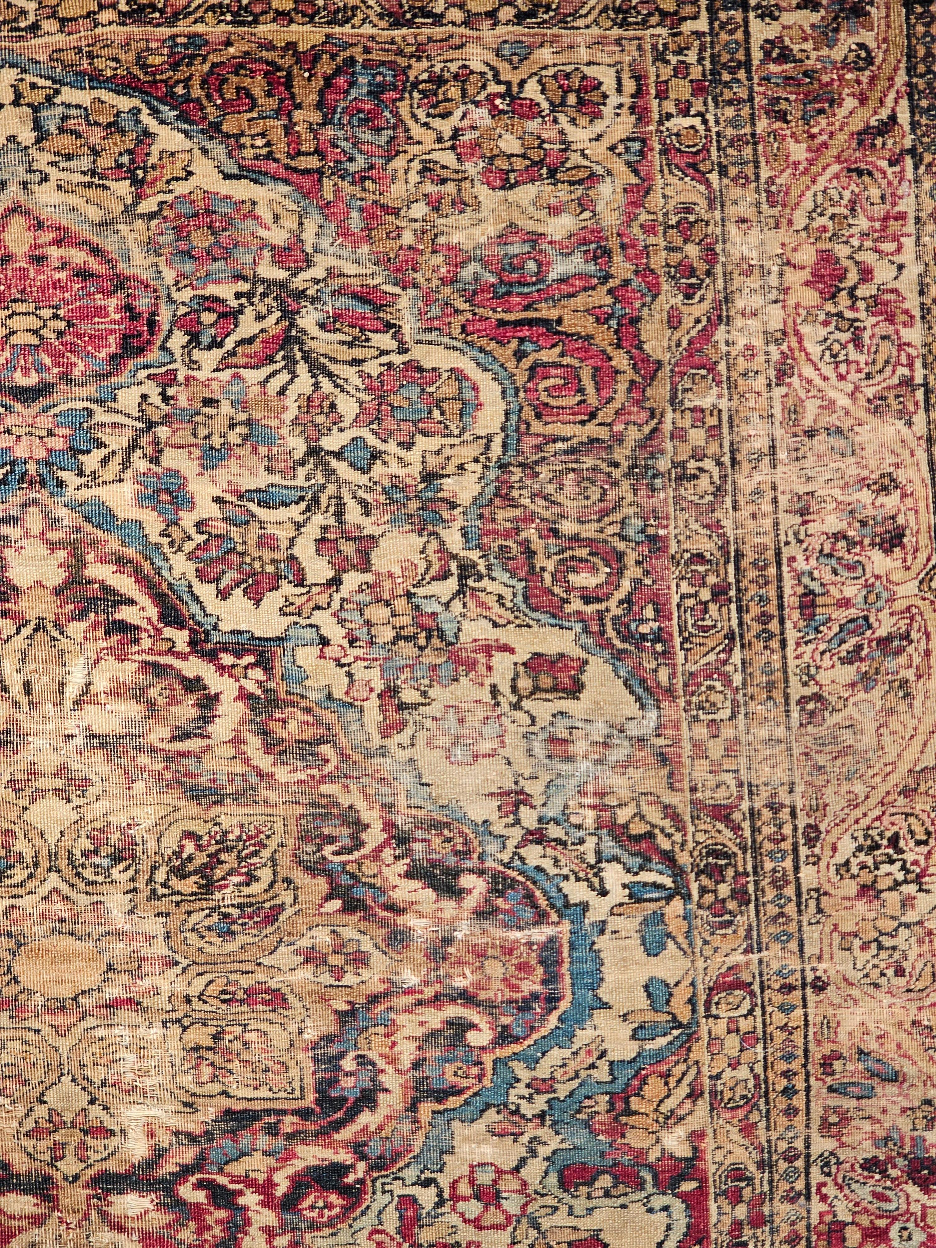 19th-Century Persian Kerman Lavar Area Rug in Floral Design in Ivory, Red, Blue For Sale 2
